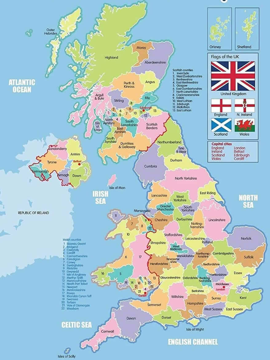 United Kingdom cities regions map with flag