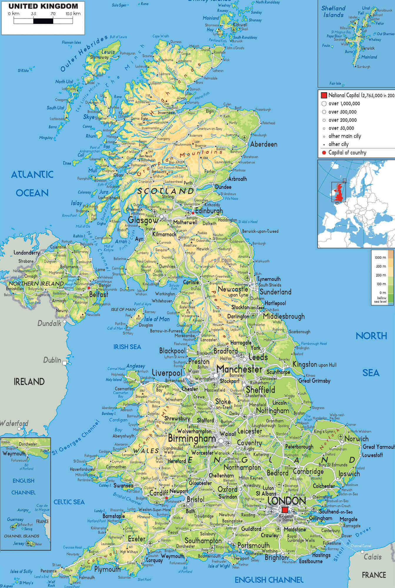 United Kingdom High-Resolution Map 29 Detailed physical map of United Kingdom with cities