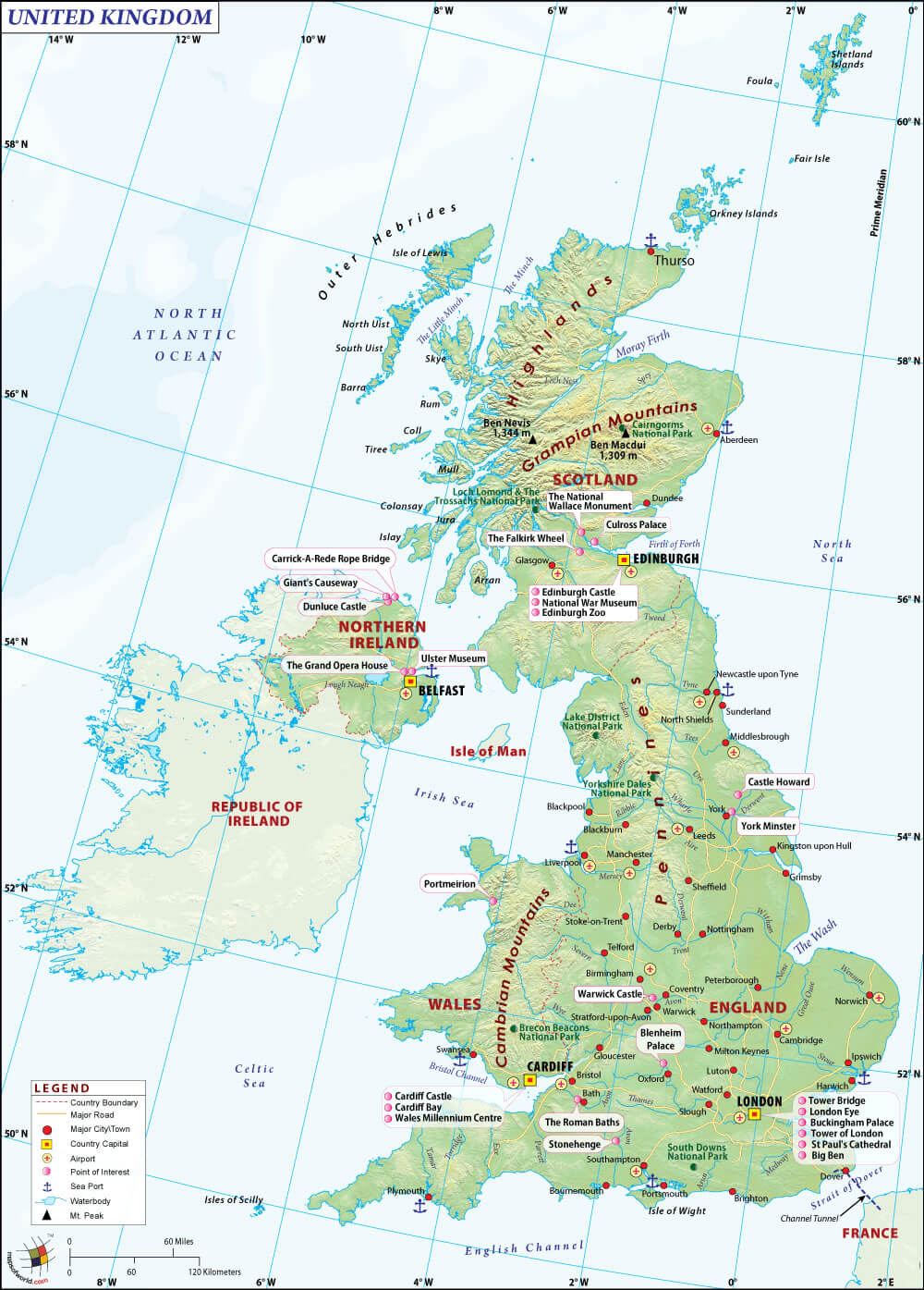 High resolution United Kingdom physical map with cities