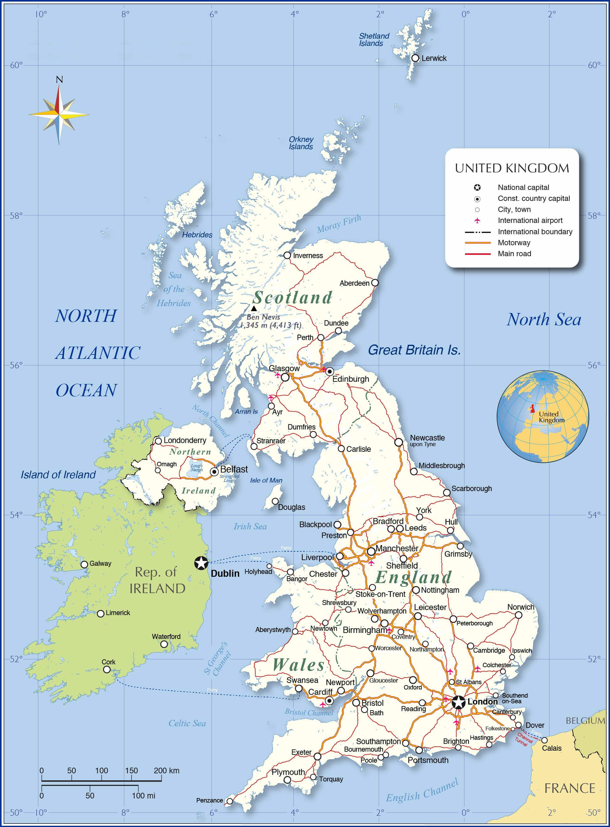 Large United Kingdom airports motorway and mainroad map