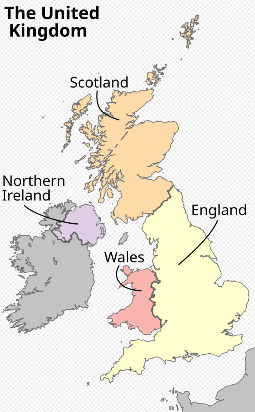 The four countries of the United Kingdom map