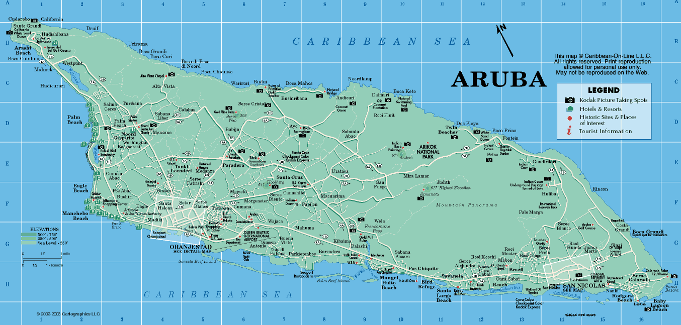 Aruba cities map with routes