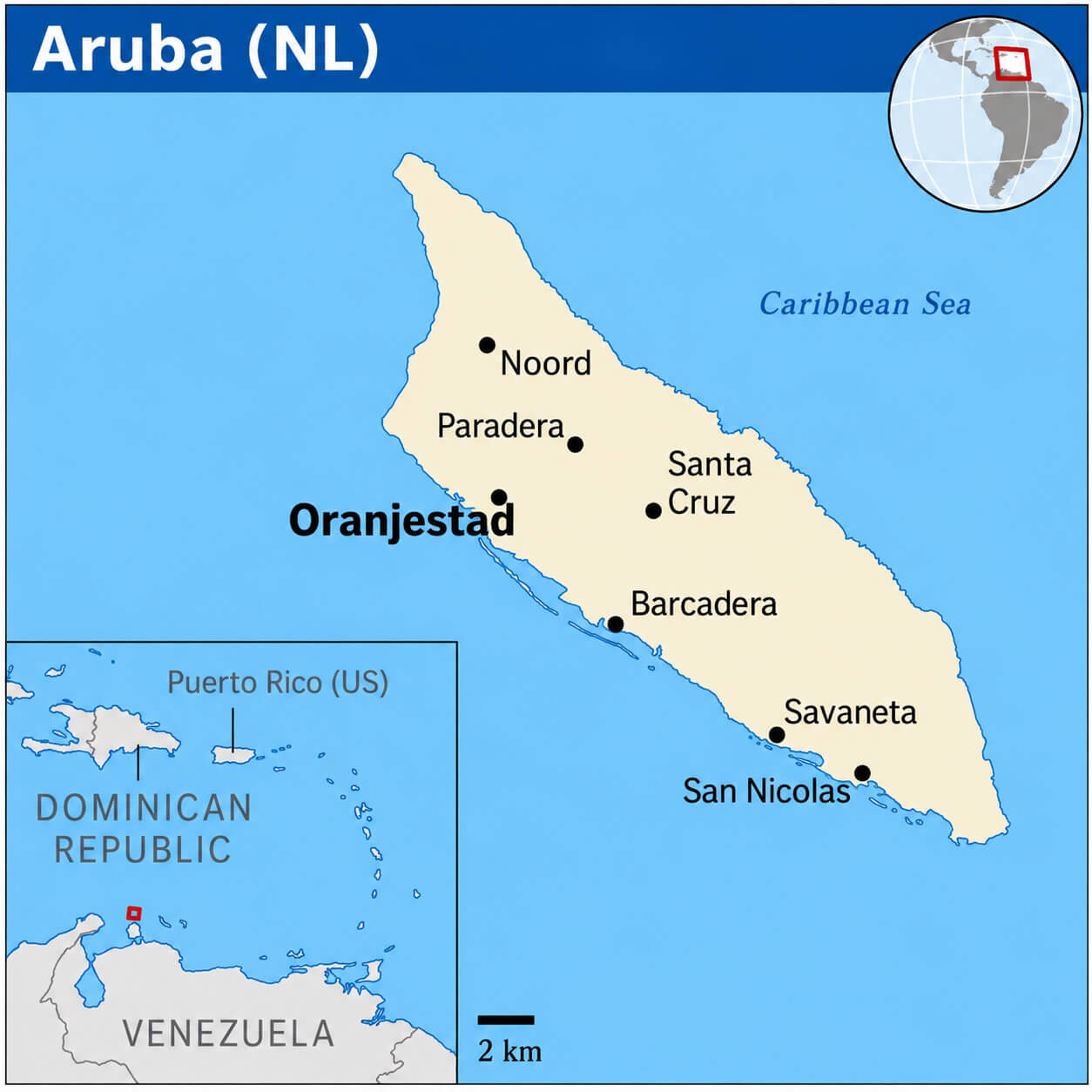 Aruba map with Oranjestad