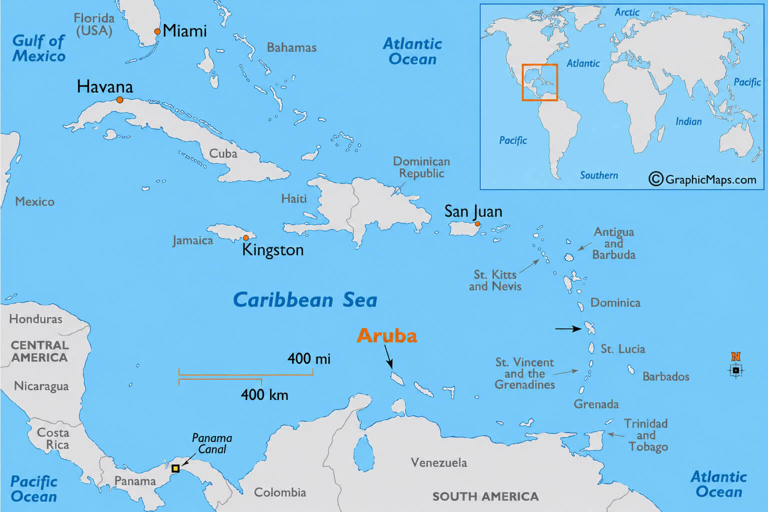 Caribbean Islands map with Aruba