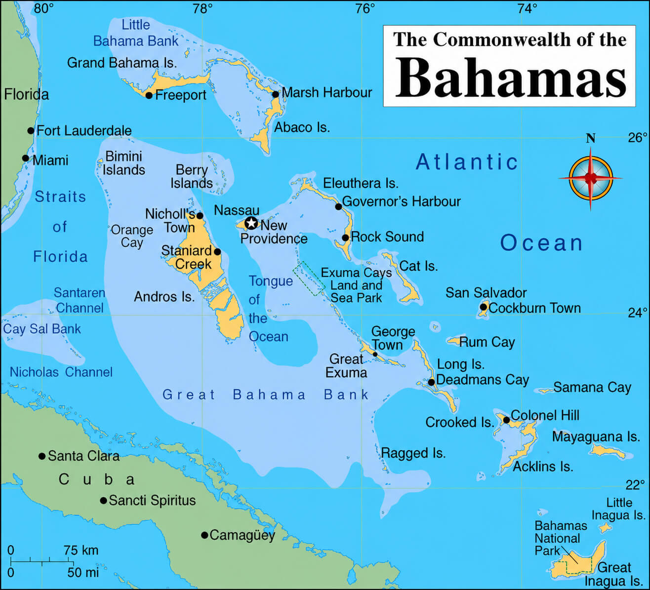 Bahamas map with Caribbean and Cuba
