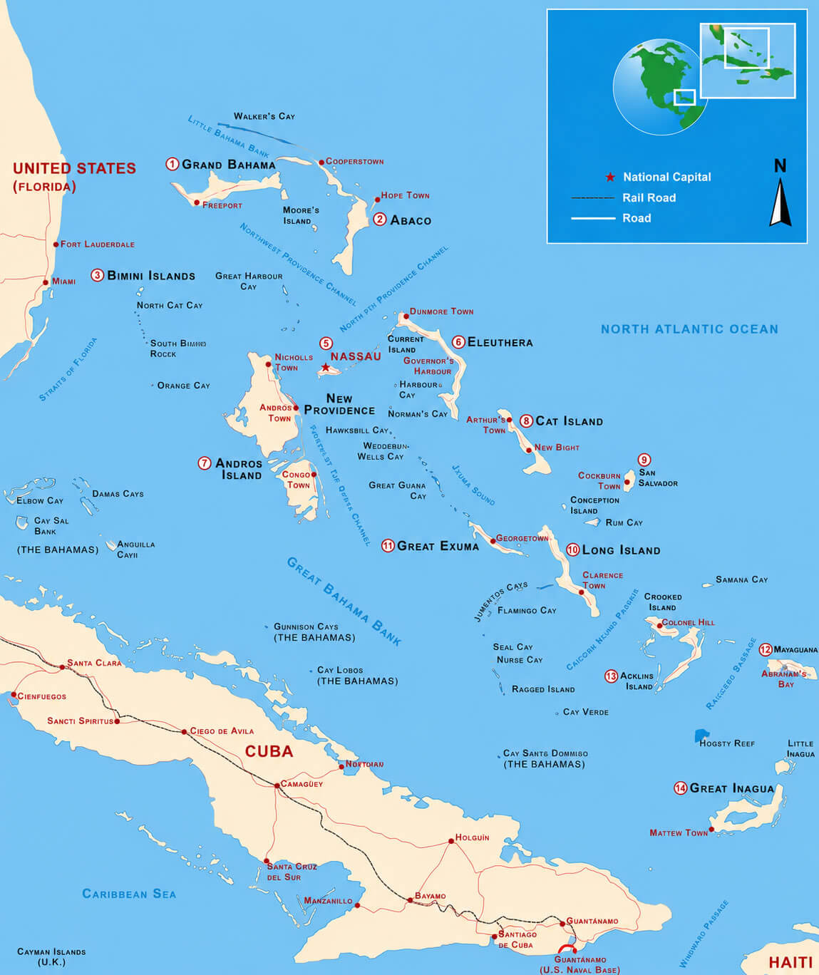 Bahamas map with Caribbean Islands