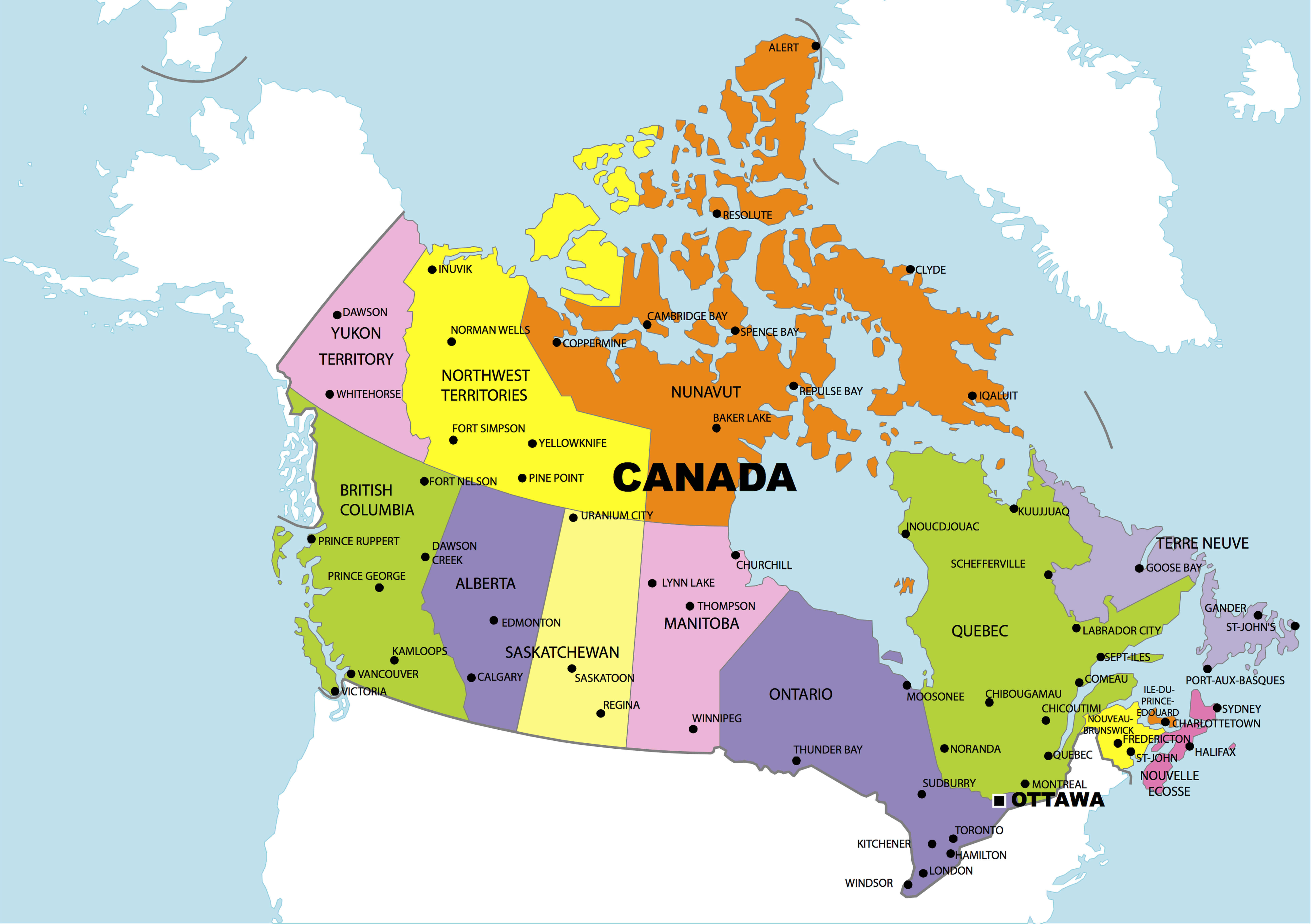 Administrative Map of Canada with Provinces, Territories, and Major Cities
