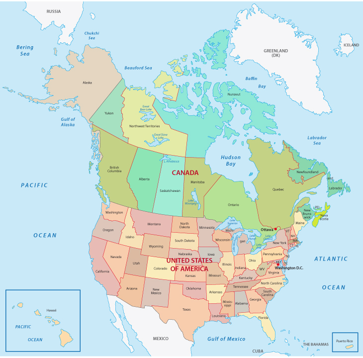 Map of Canada and the United States with North America Regions