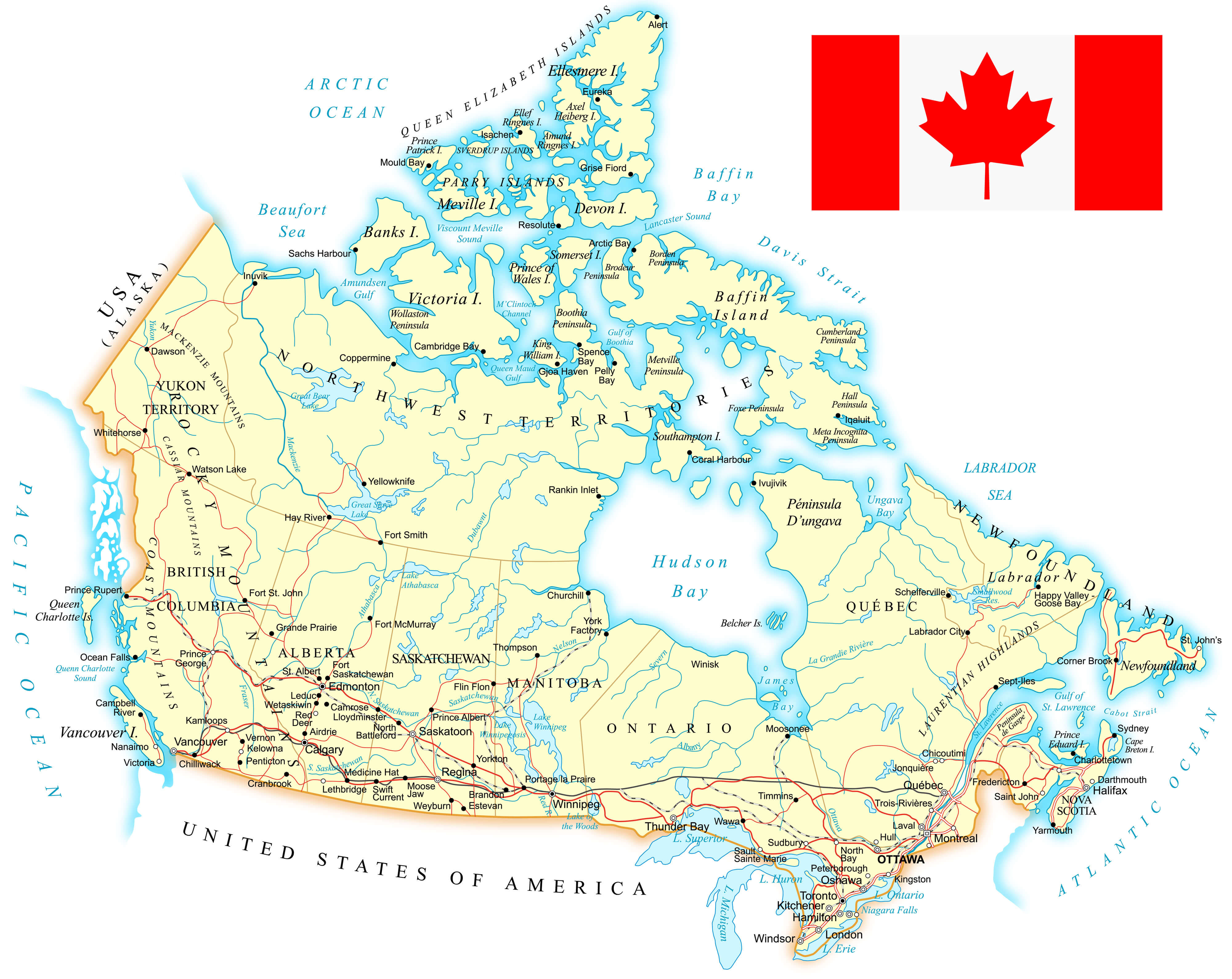 Canada Physical Map with Rivers and Lakes