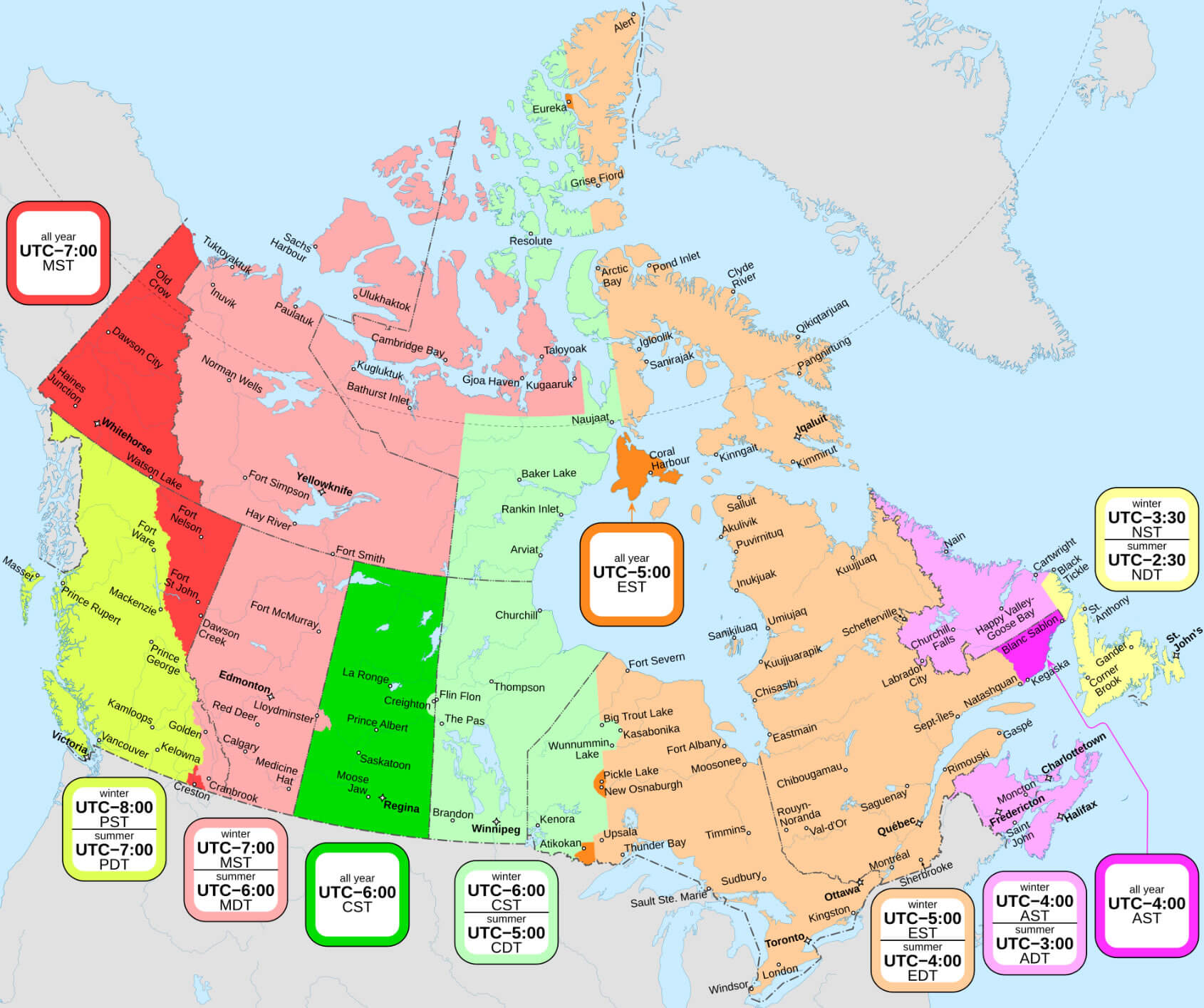 Canada time zone map between utc -2 and -7