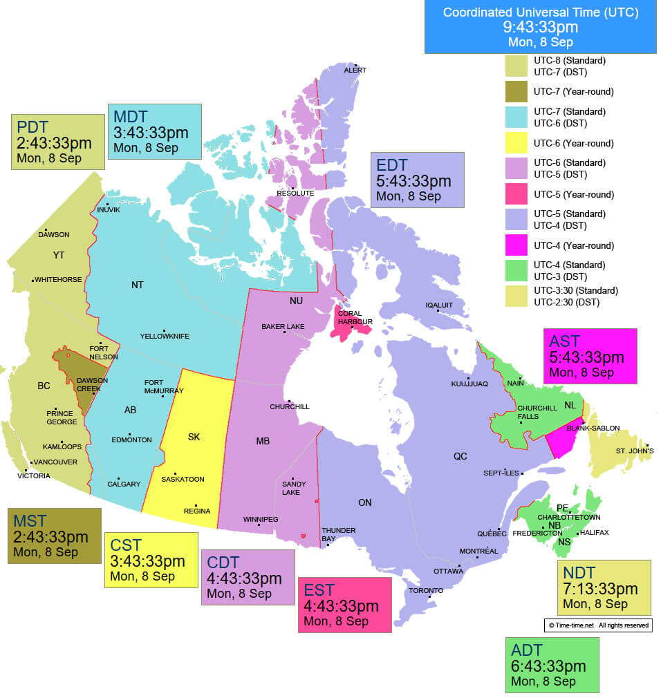Canada time zone map with universal time
