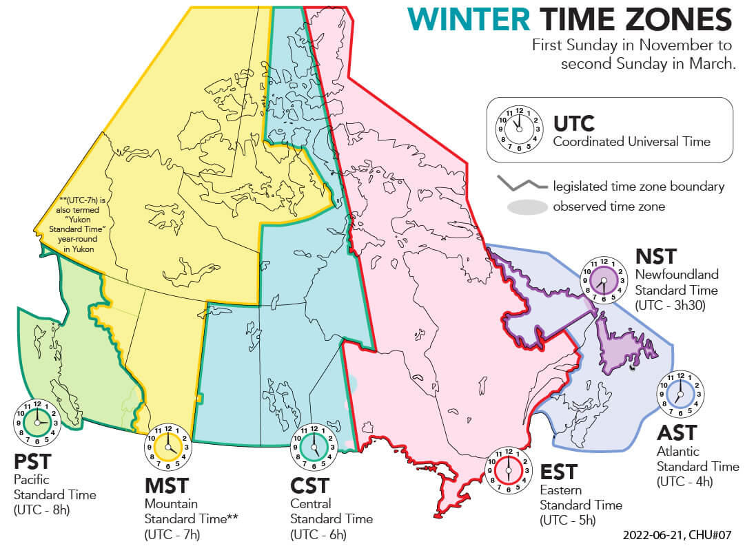 Canada winter time zone map