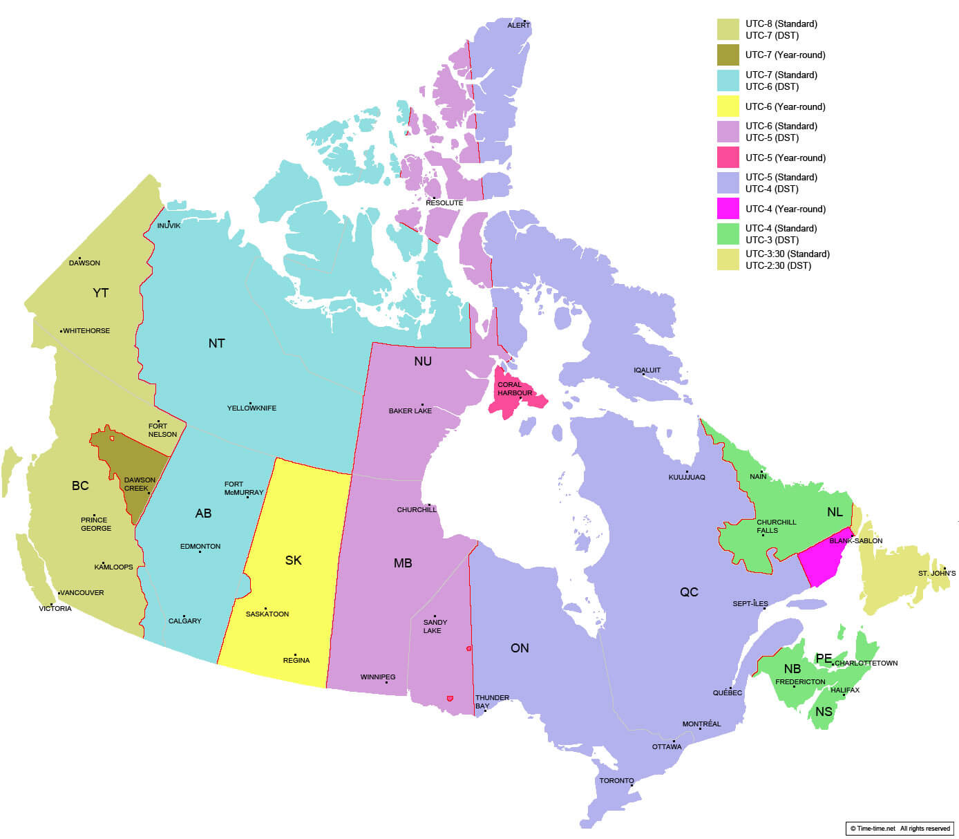 Canadian standard winter summer time zones map