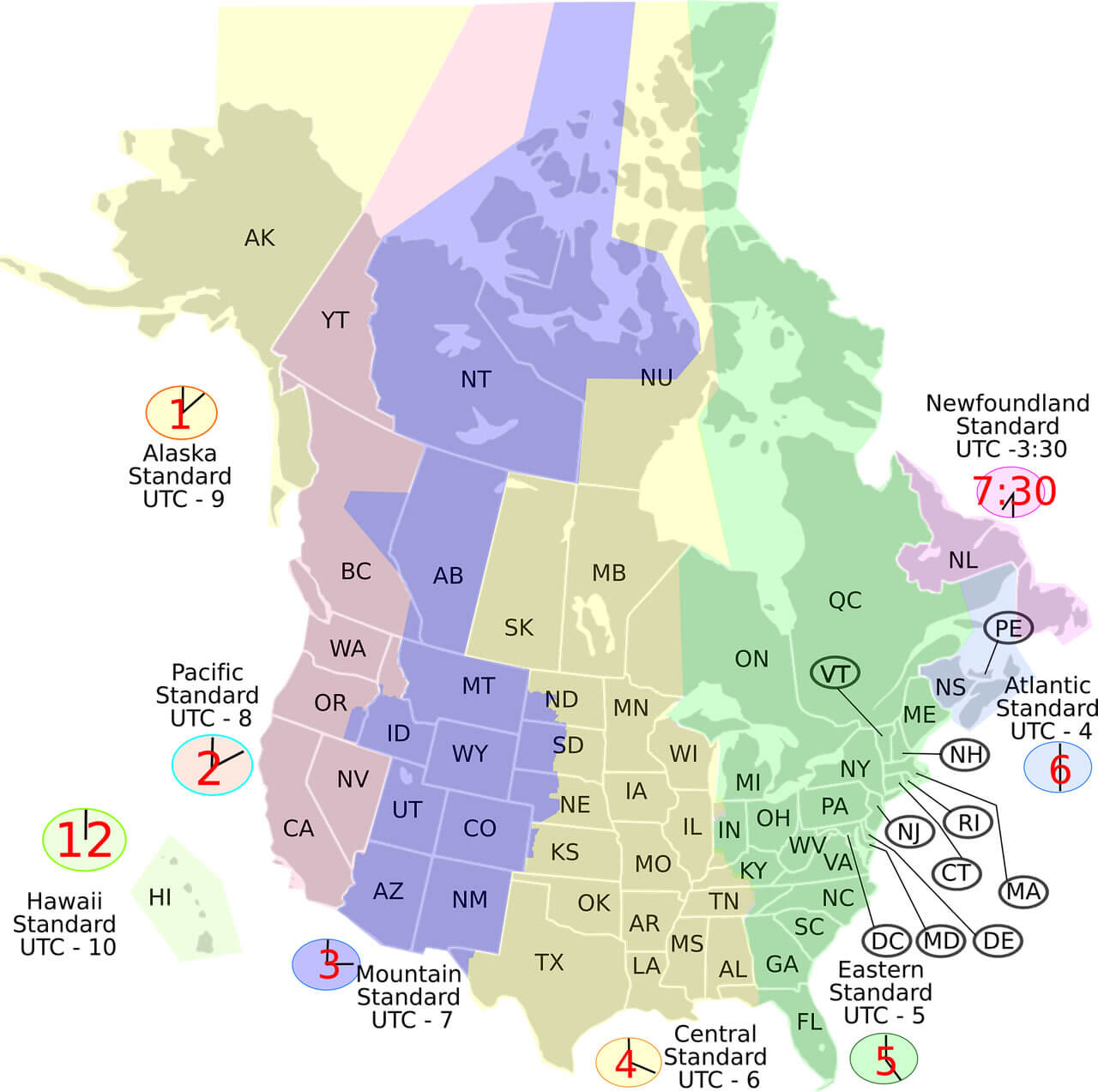 Time zones map of the united states and Canada