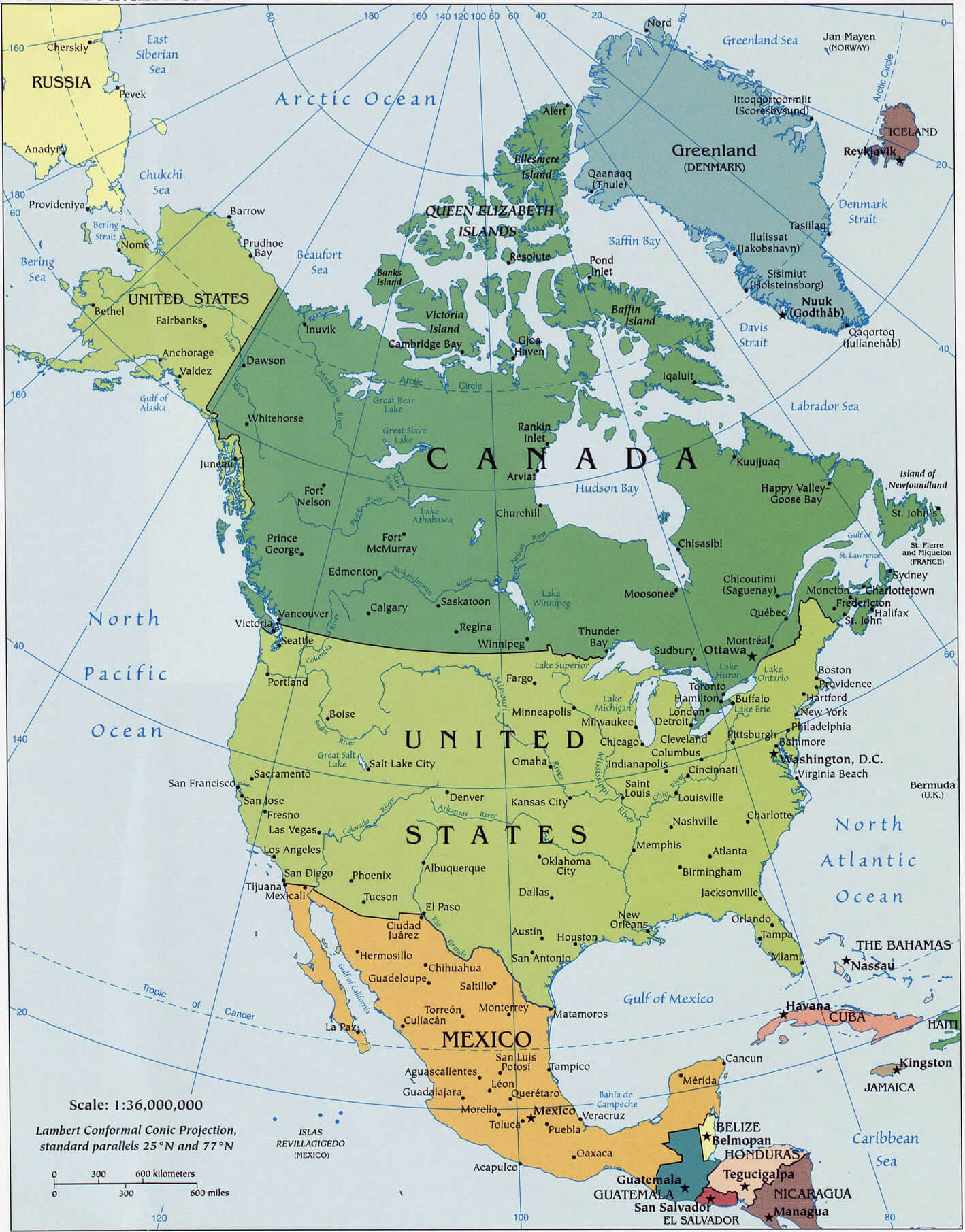 Large political map of North America with major cities