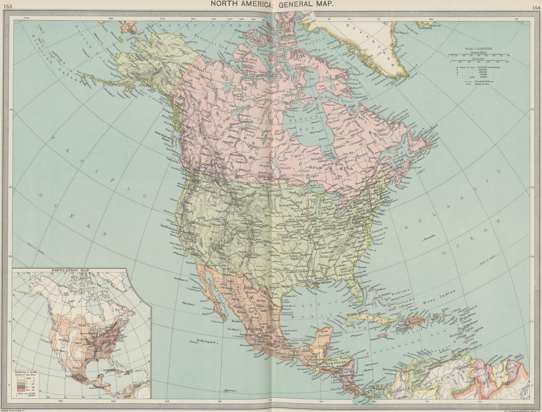 North America atlas 1908 with cities