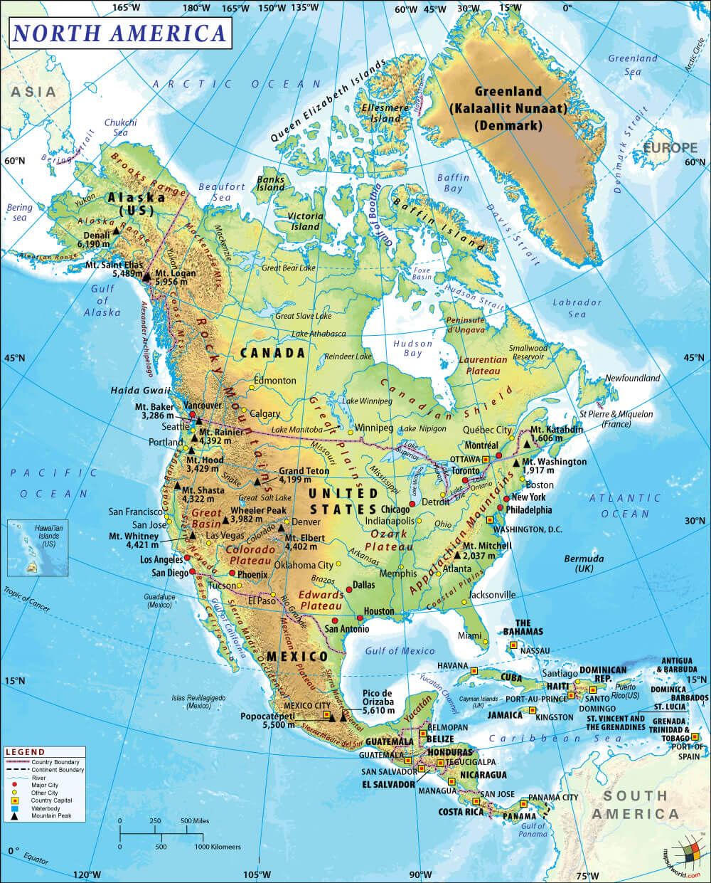 North America cities physical map