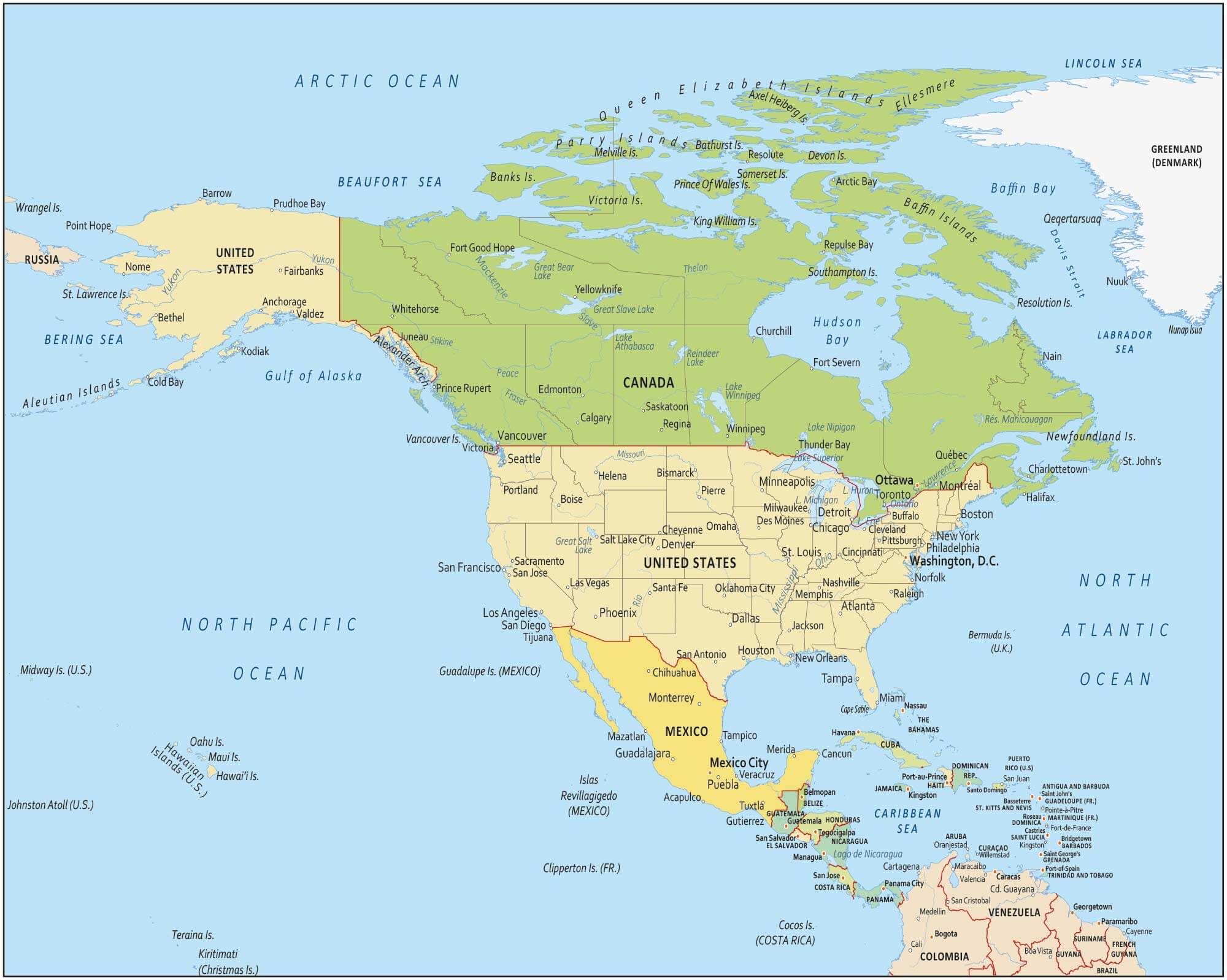North America major cities map with USA