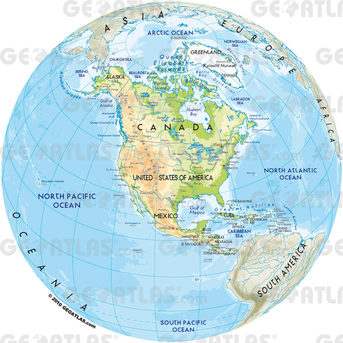 North America physical globe map