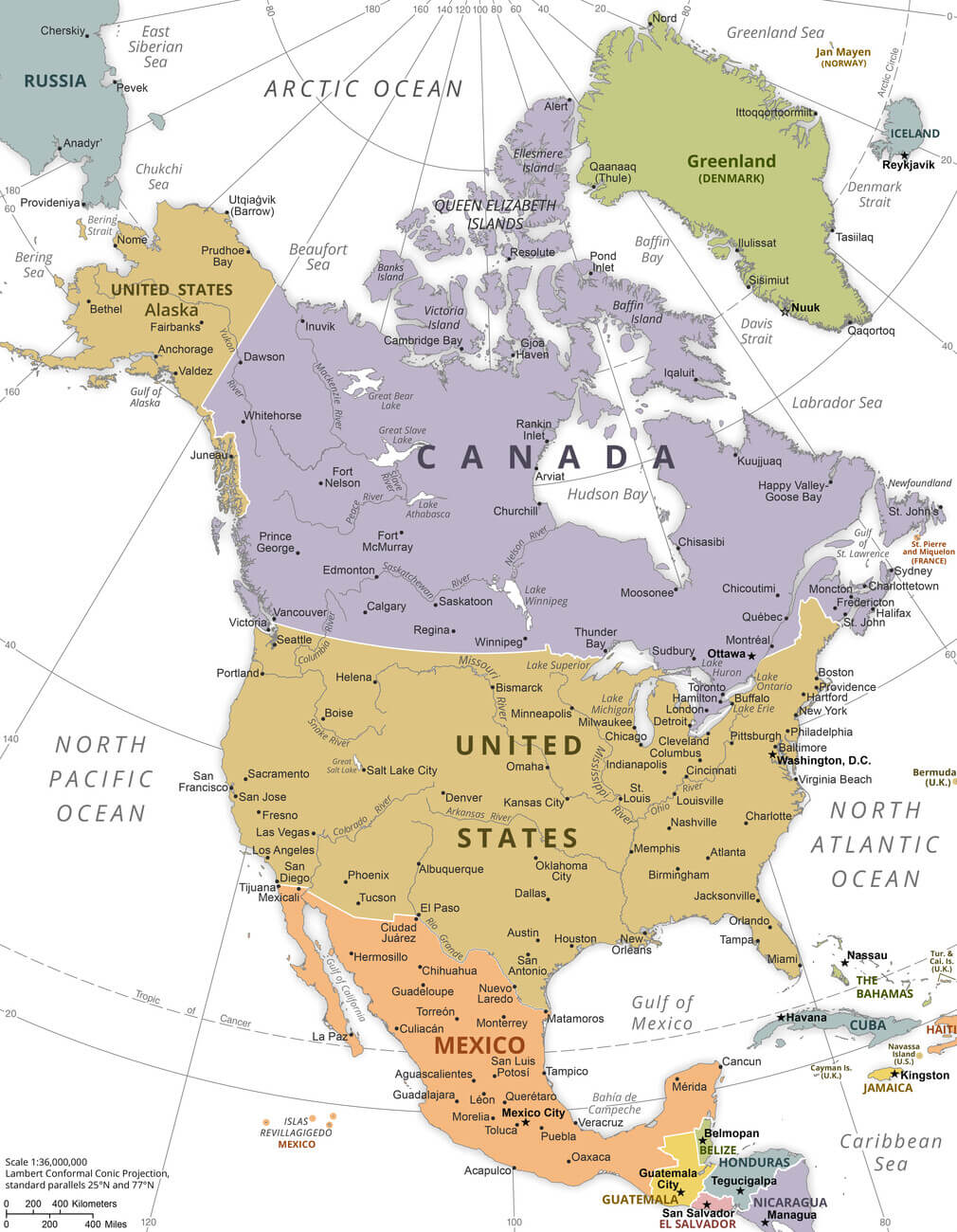 North America political map with US Canada Mexico Greenland