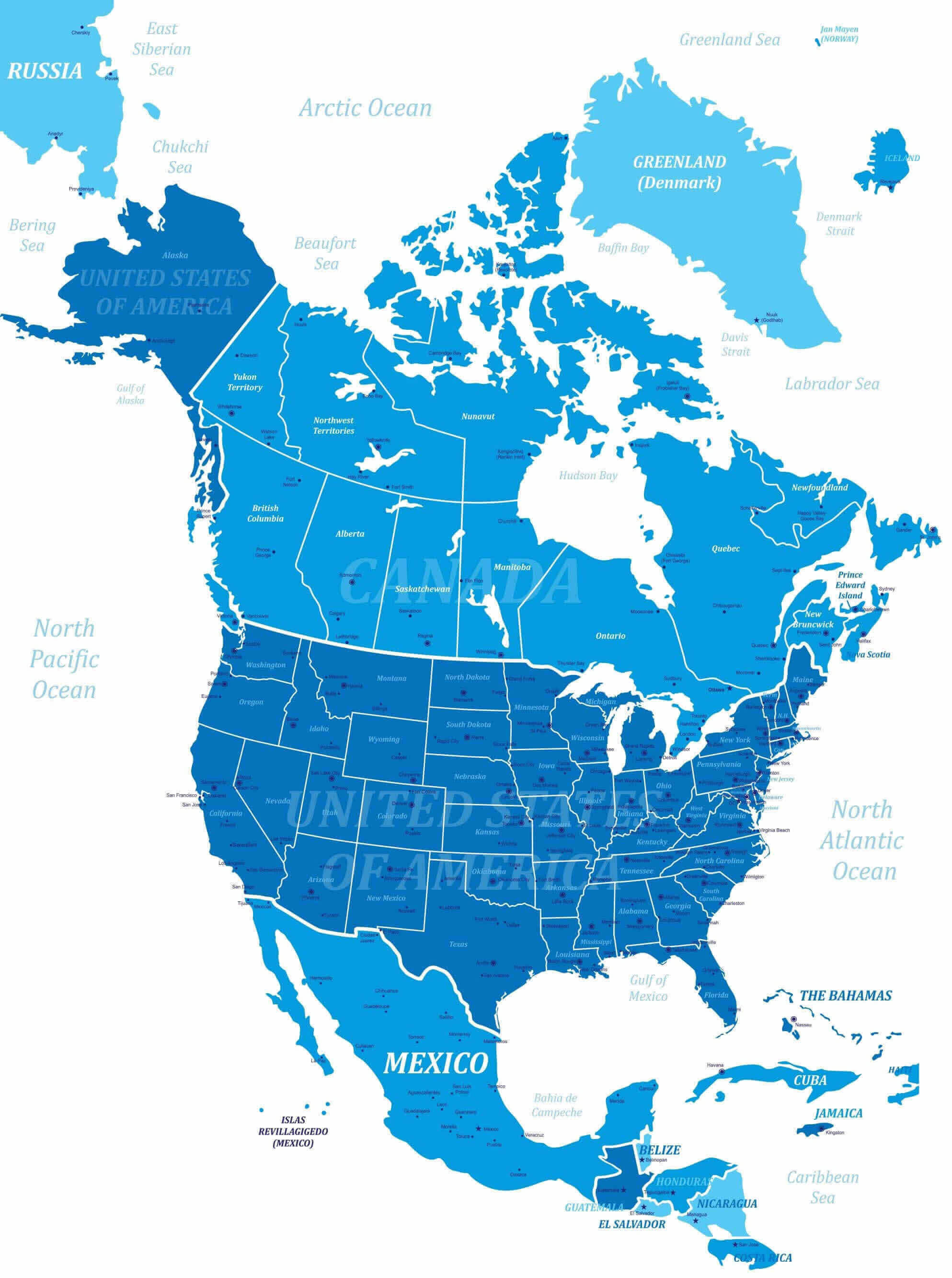North America political map with US states