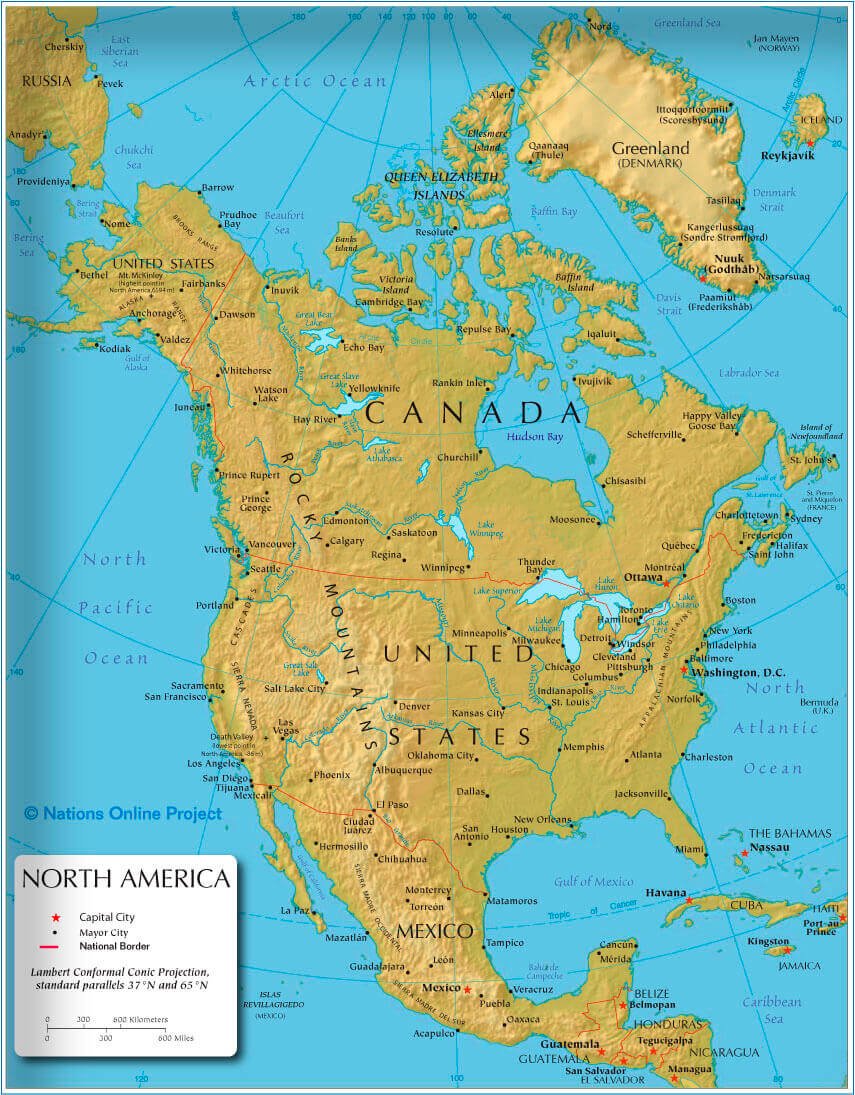 North America relief and cities map