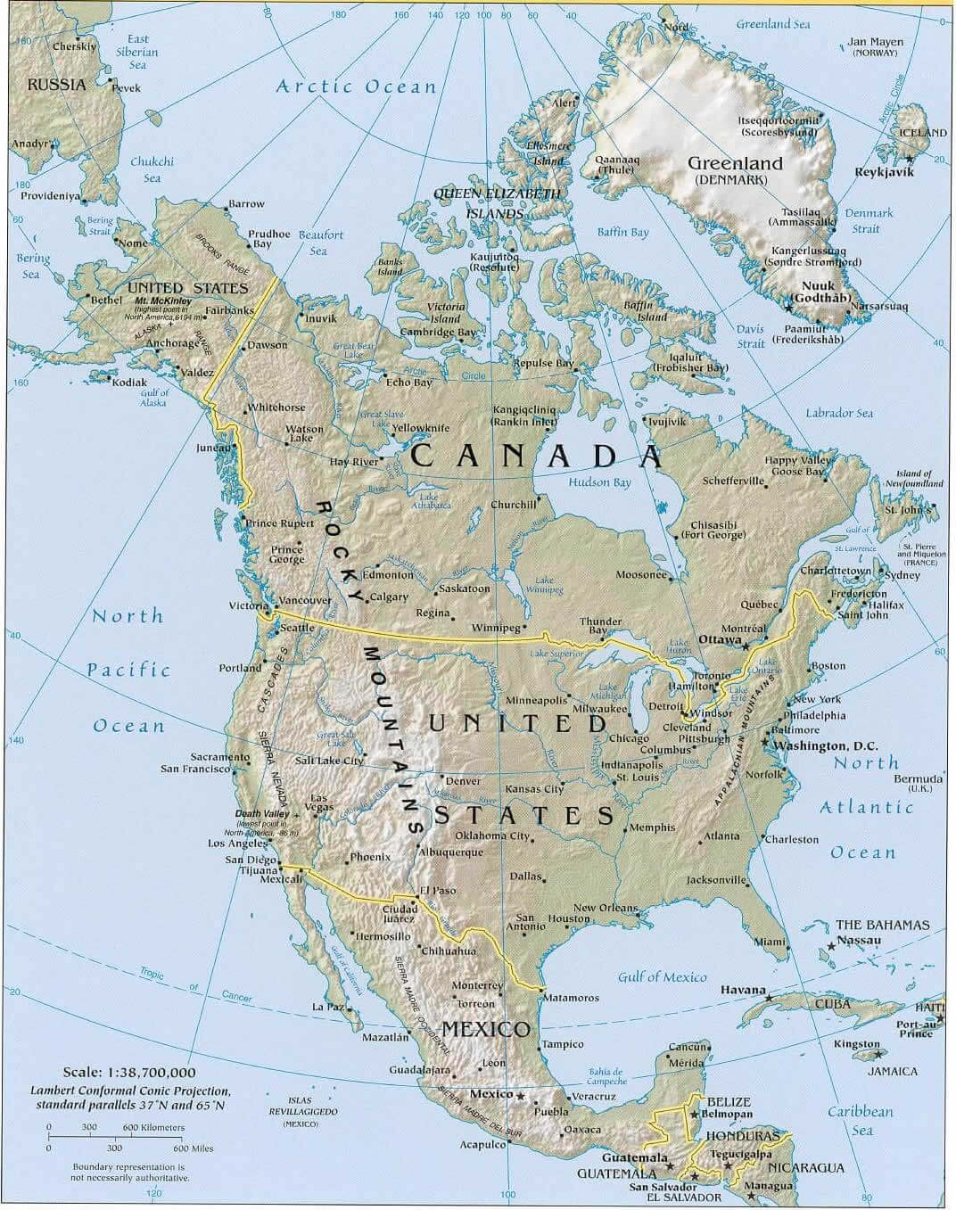 North America relief map with major cities