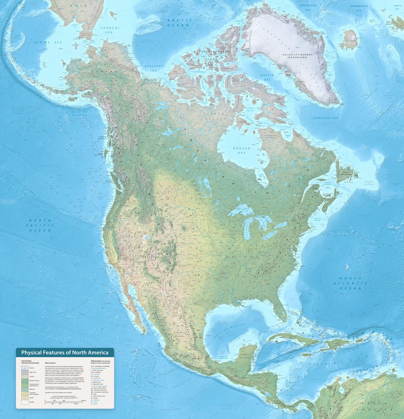 Physical features of North America map