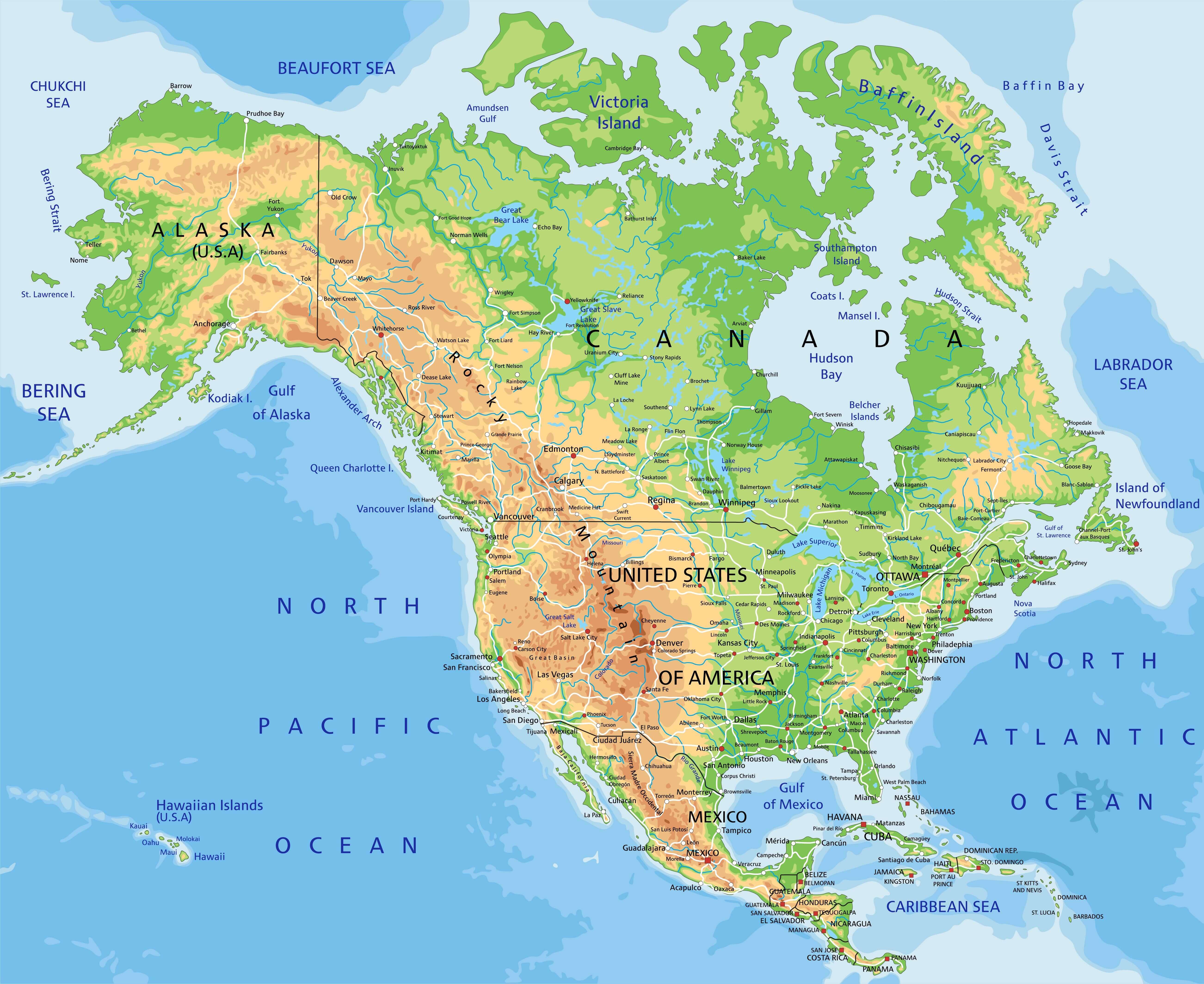 North America Cities Map 32 Physical map of North America