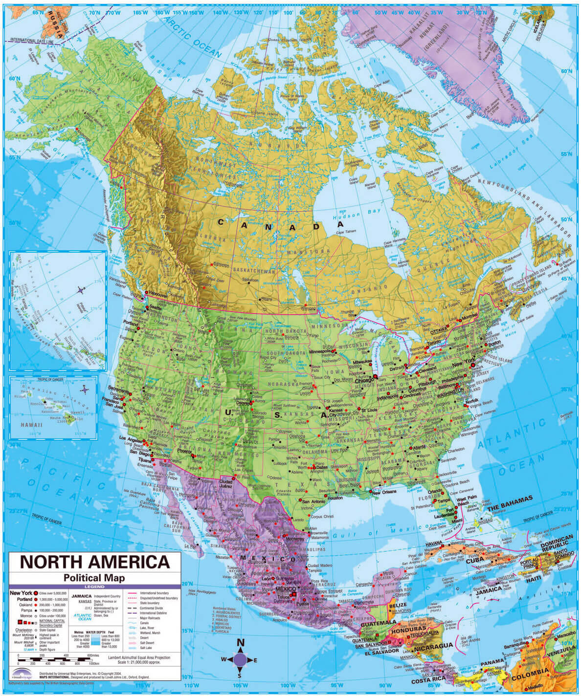 Political map of North America with relief roads and major cities