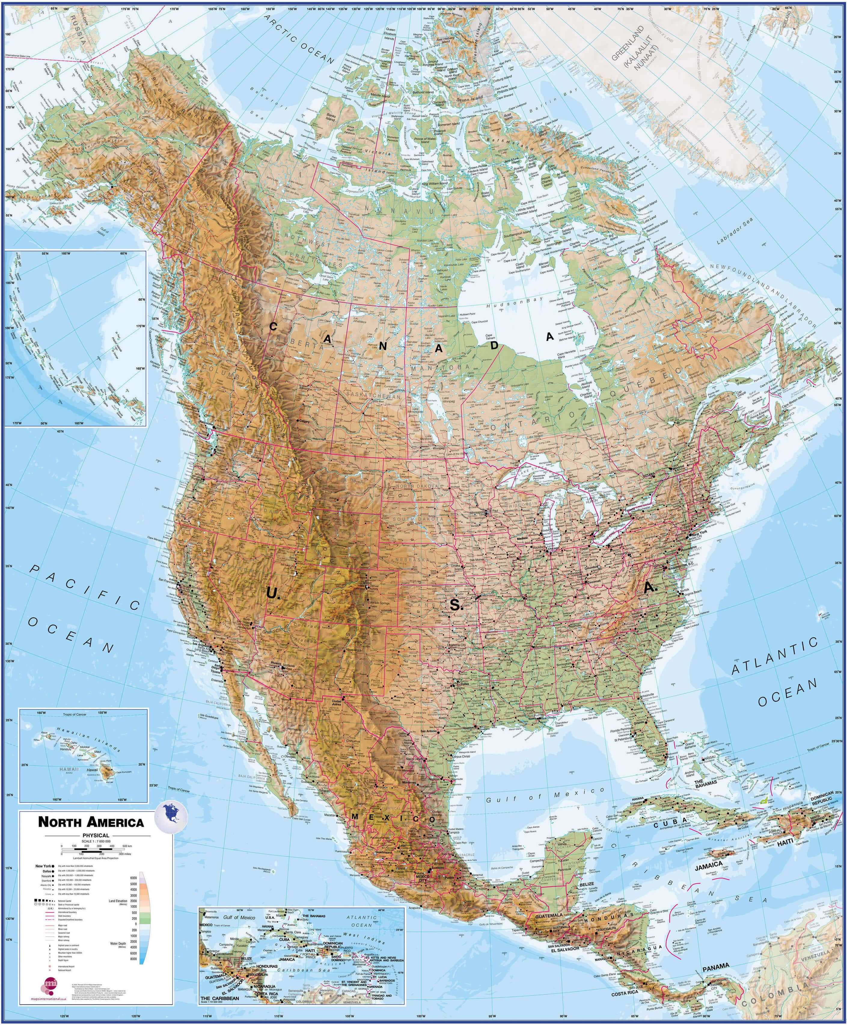 Detailed North America physical wall map