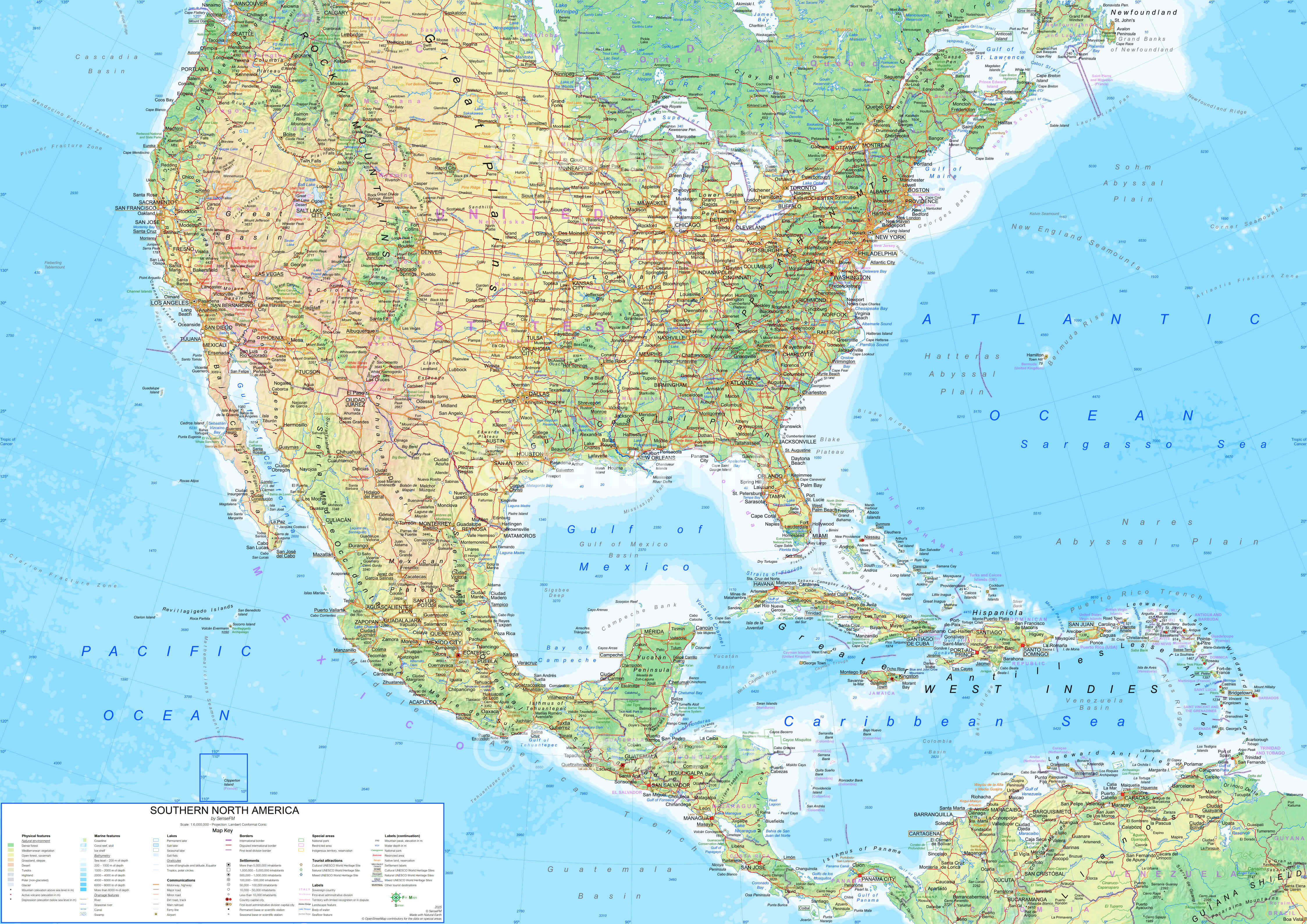 High resolution souhern North America physical map