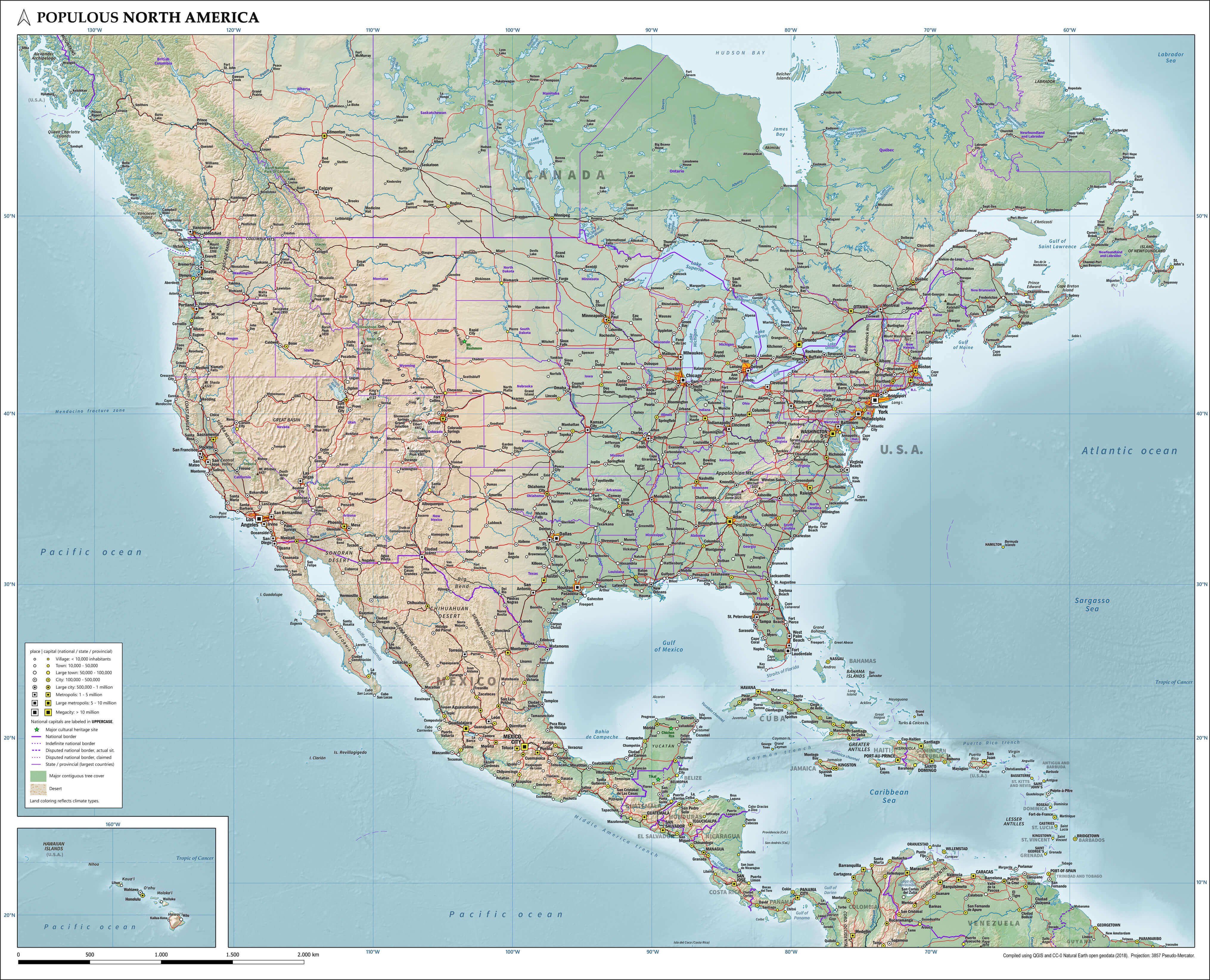 Map of populous North America