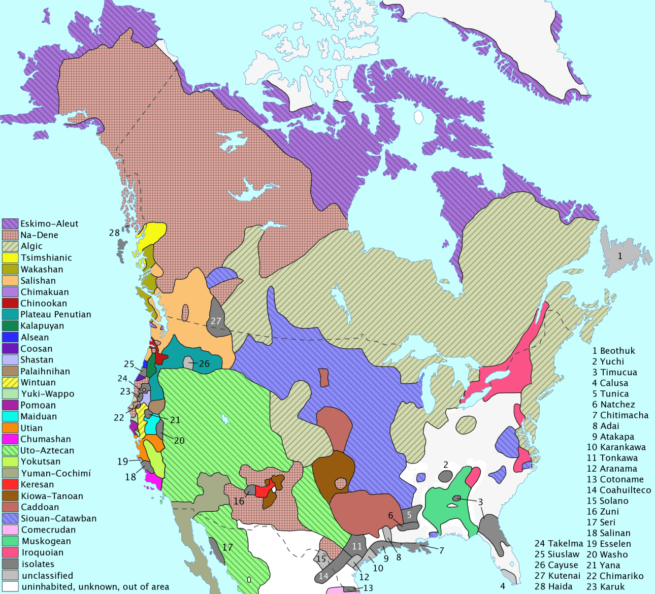 Native languages map of US Canada Mexico