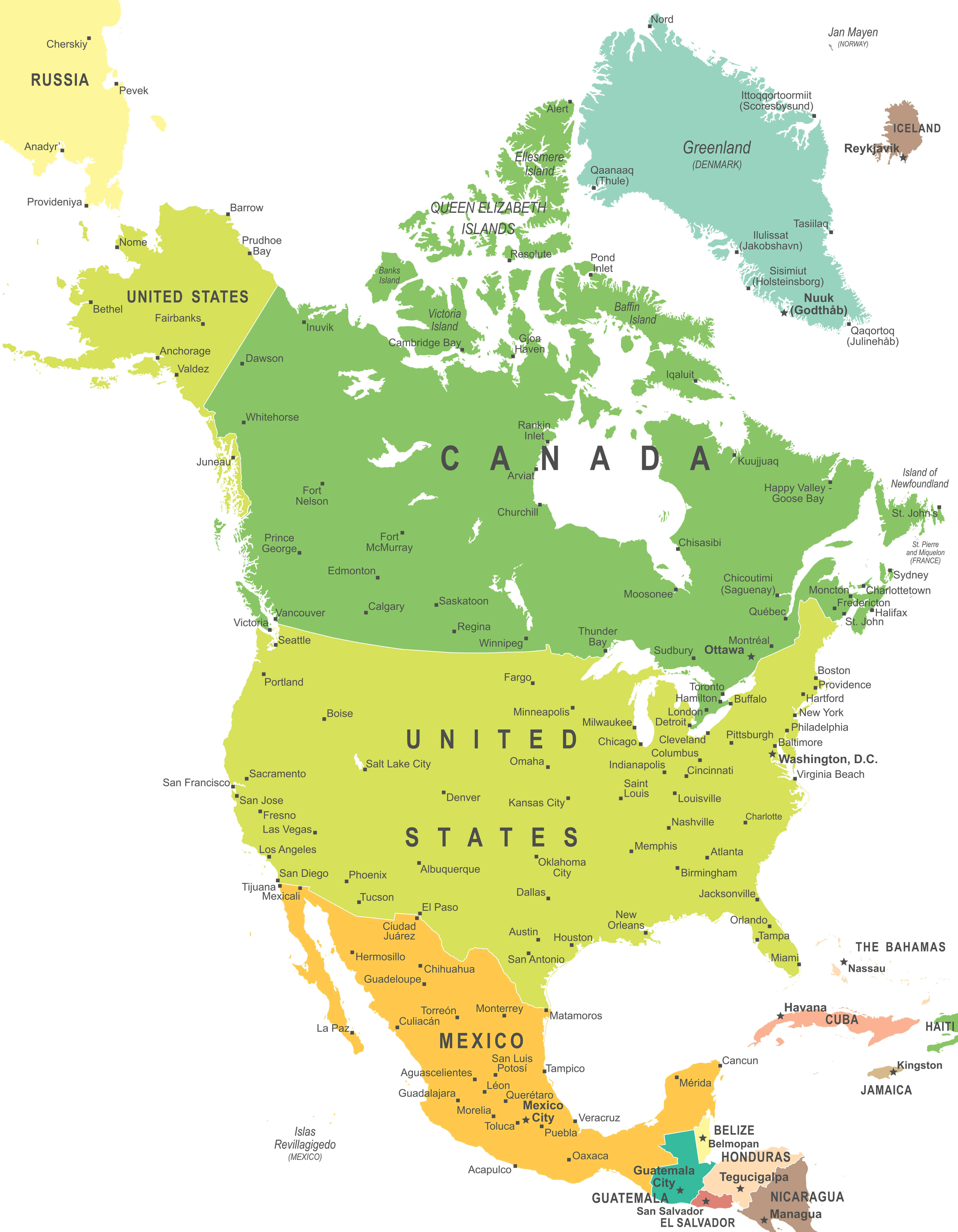 North America map with United States Canada Mexico