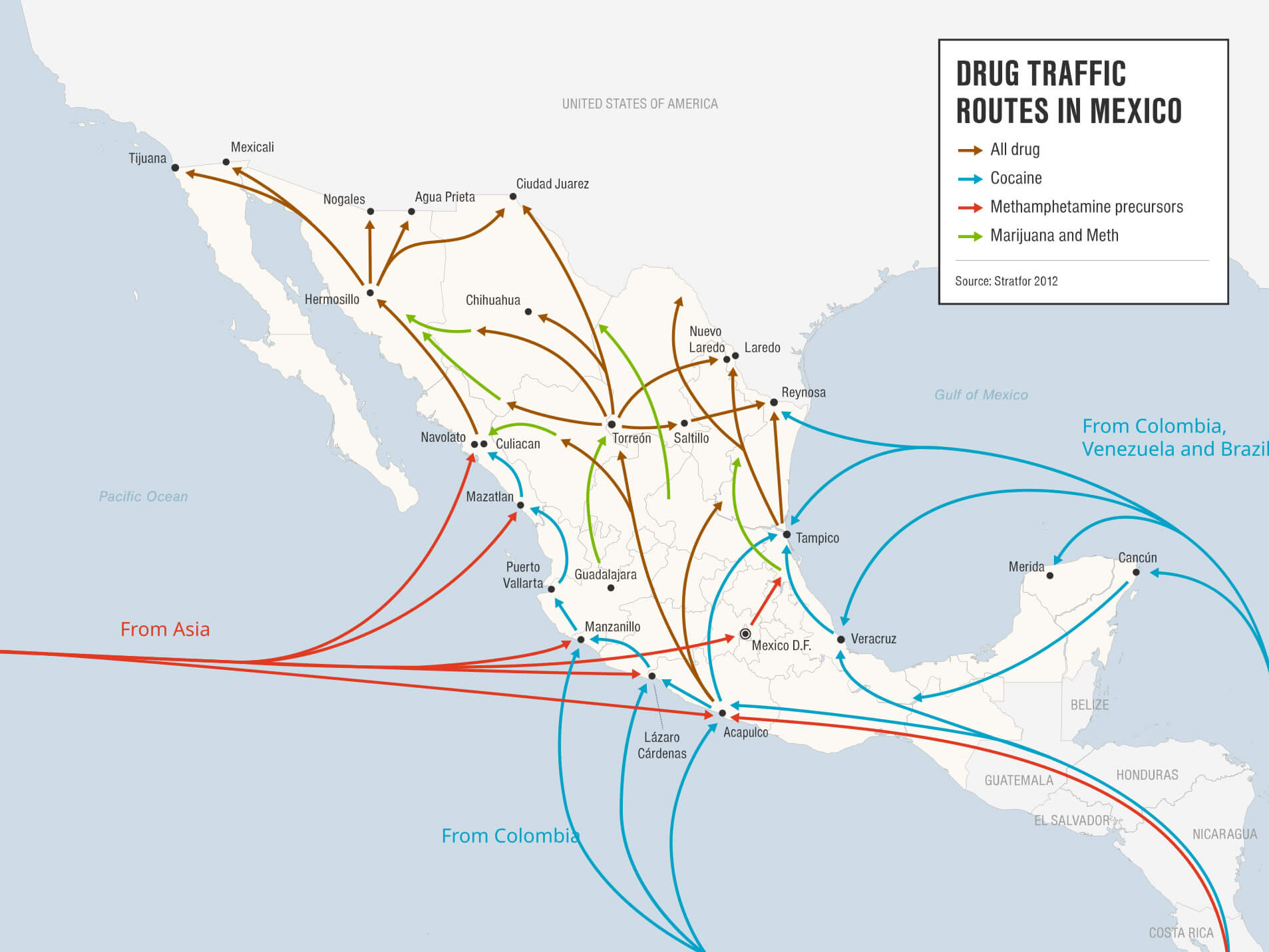 Map of mexican cartels drug traffic routes in Mexico