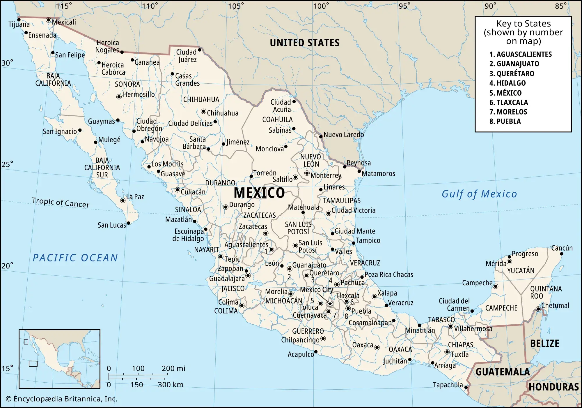 Mexico map with boundaries cities locator