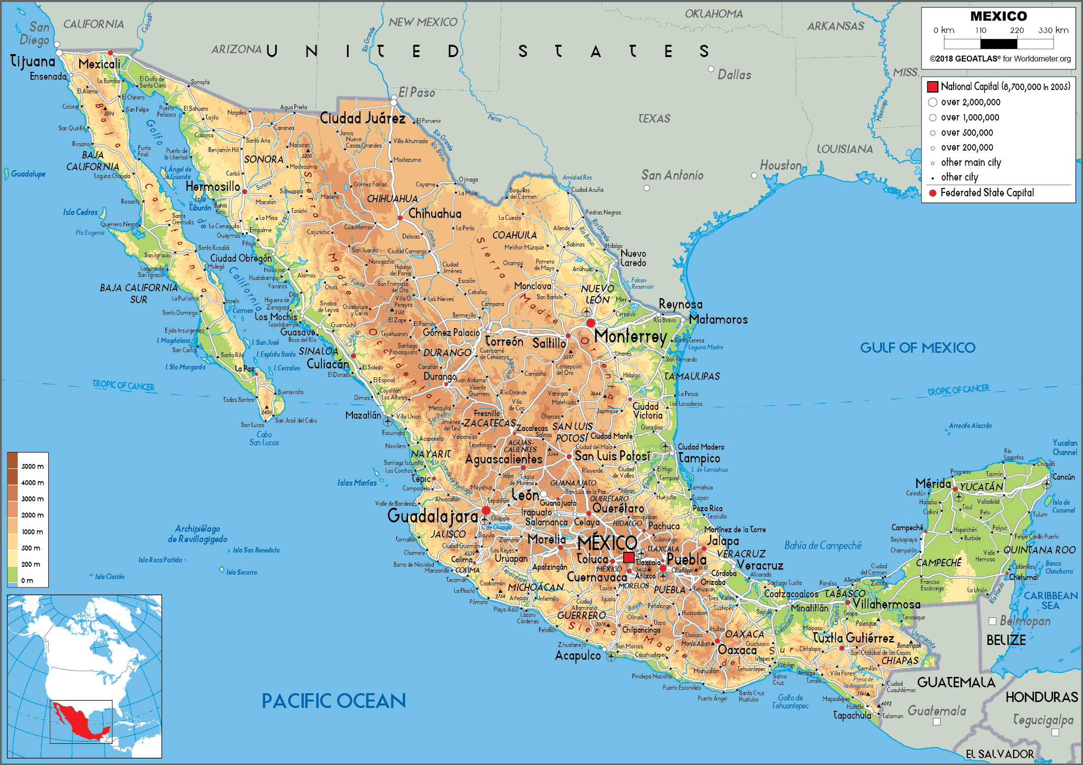Mexico physical map
