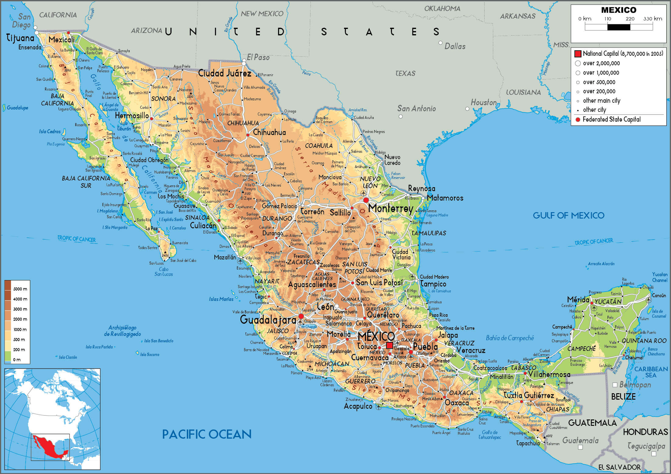 Detailed Mexico physical map