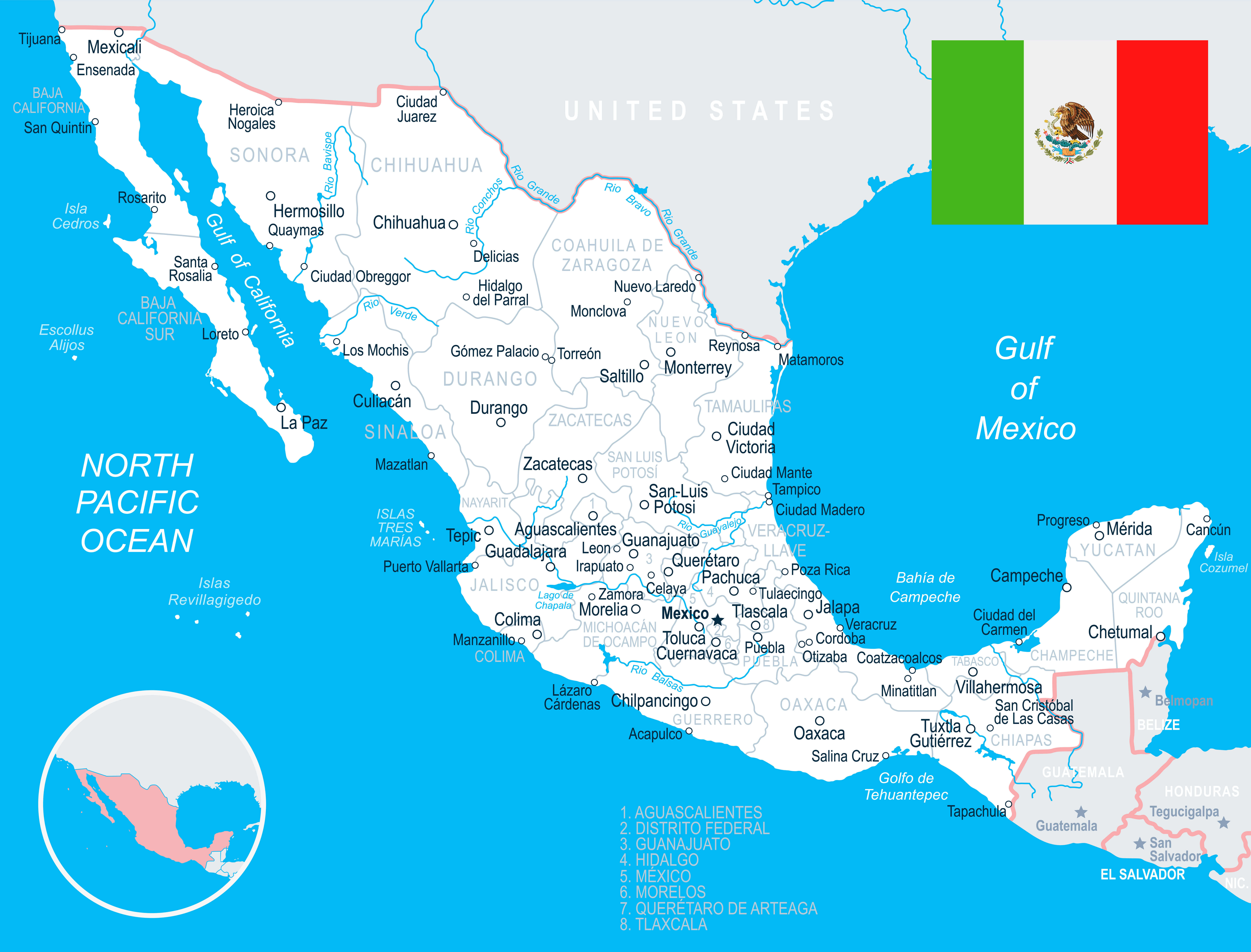 High-resolution Mexico major cities and rivers map