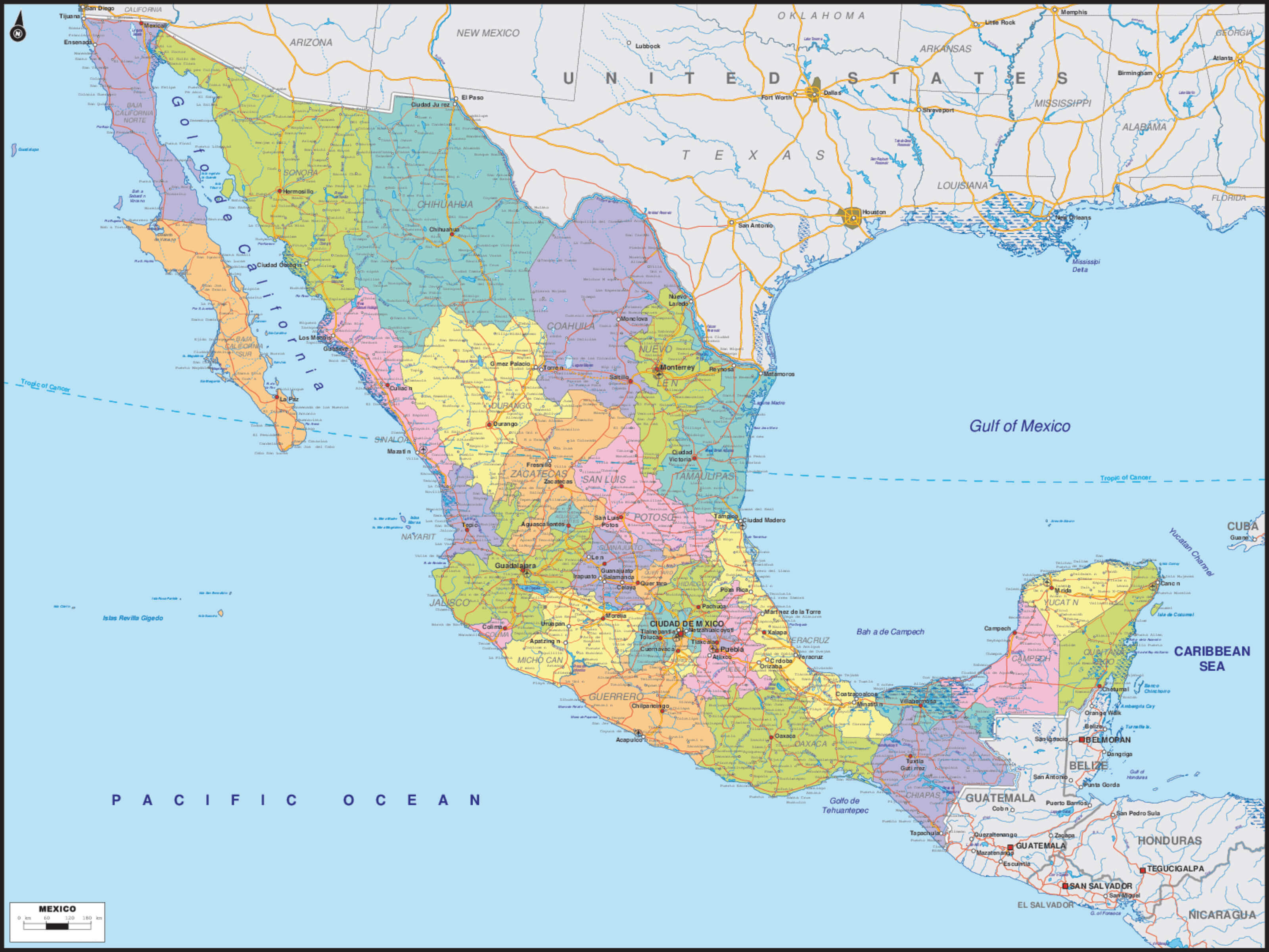 High resolution political map of Mexico