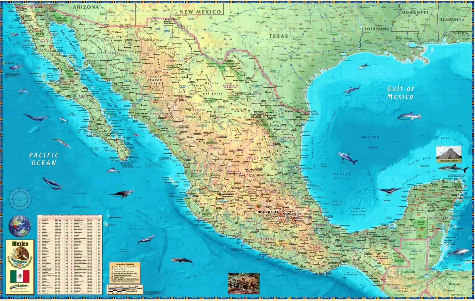 Mexico large physical map