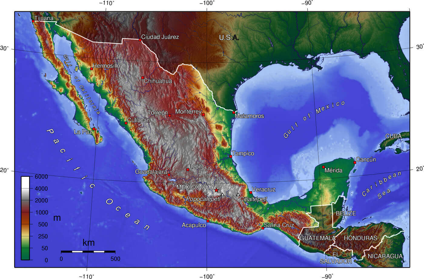 Topographic map of Mexico