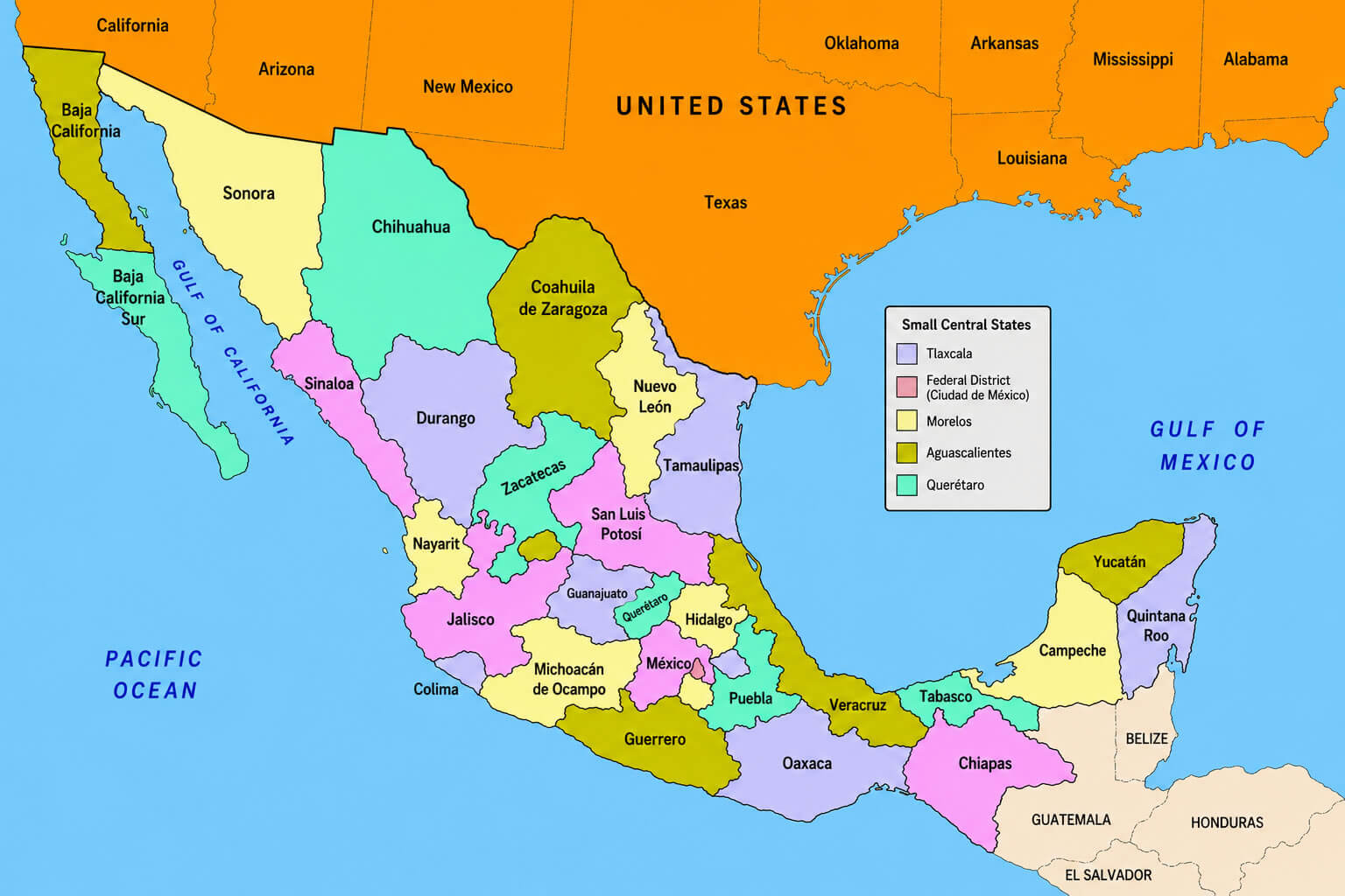 Mexico colored administrative regions map