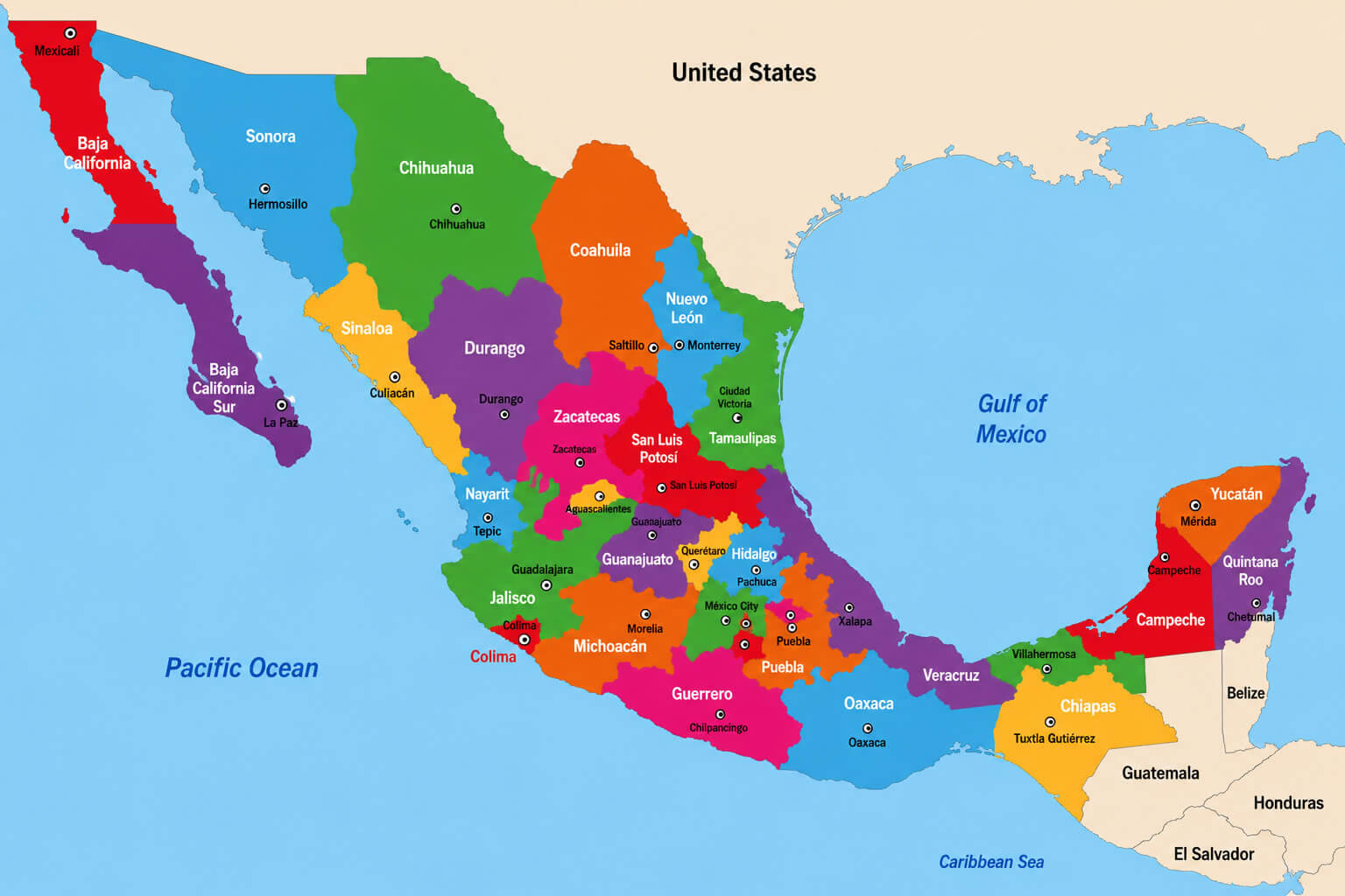 Mexico colorful state divisions map