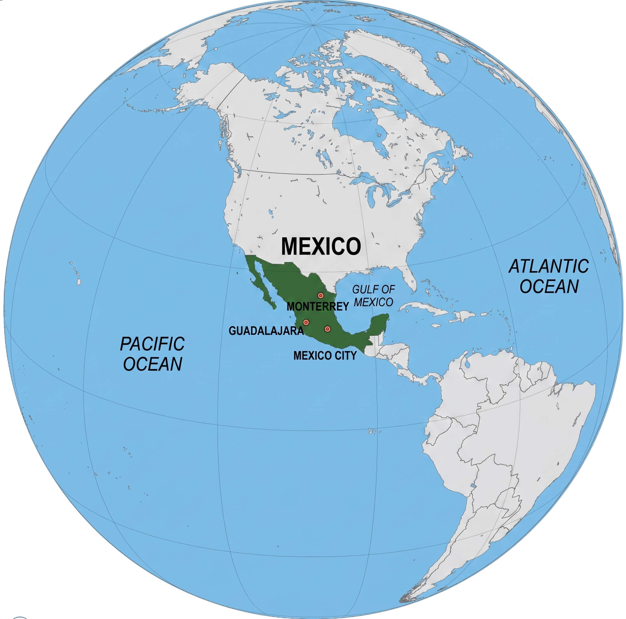 Mexico location on World Globe map