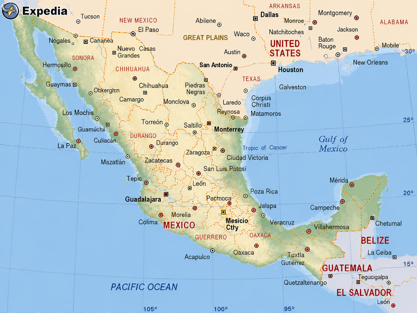 Mexico physical landform map