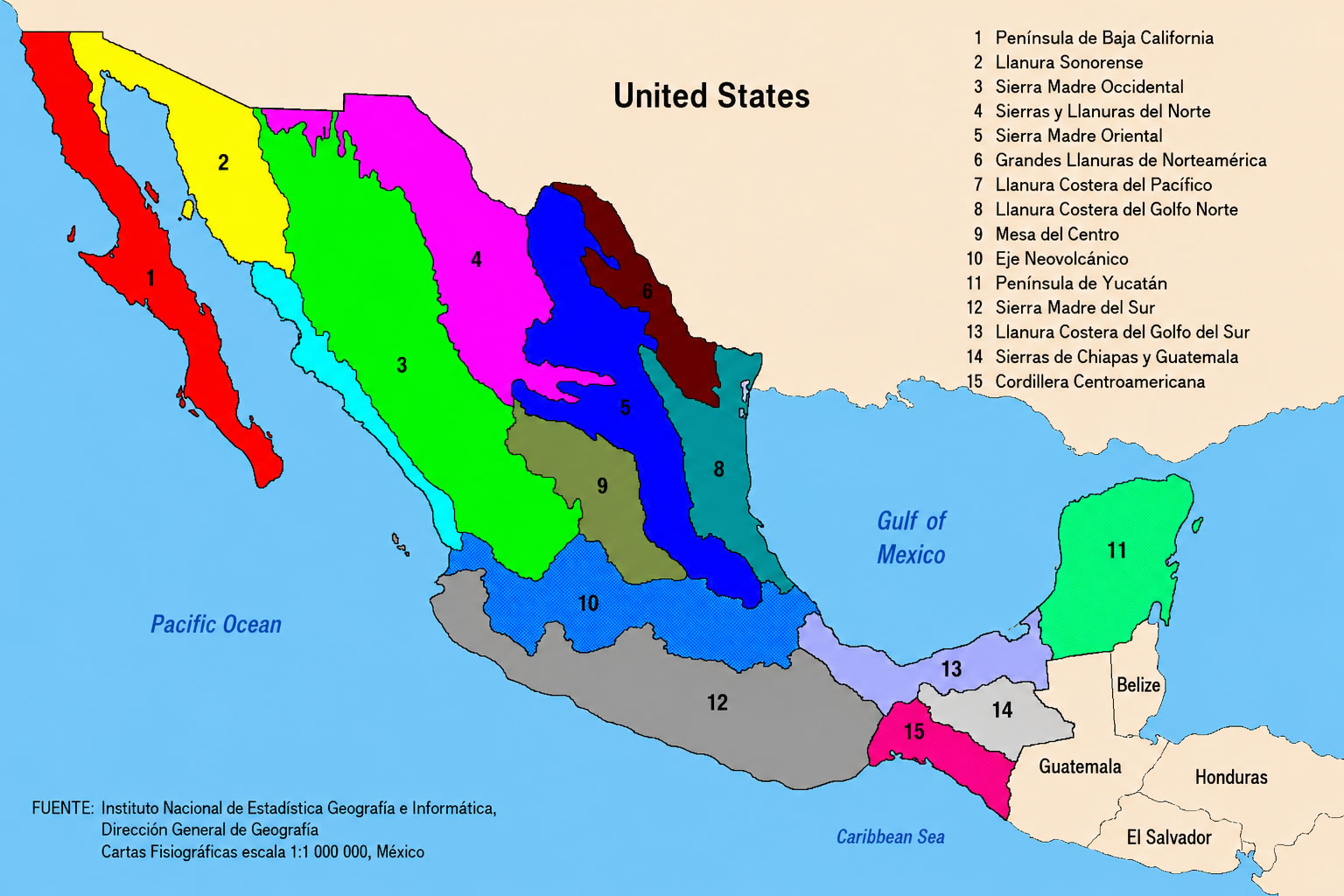 Mexico physiographic regions map