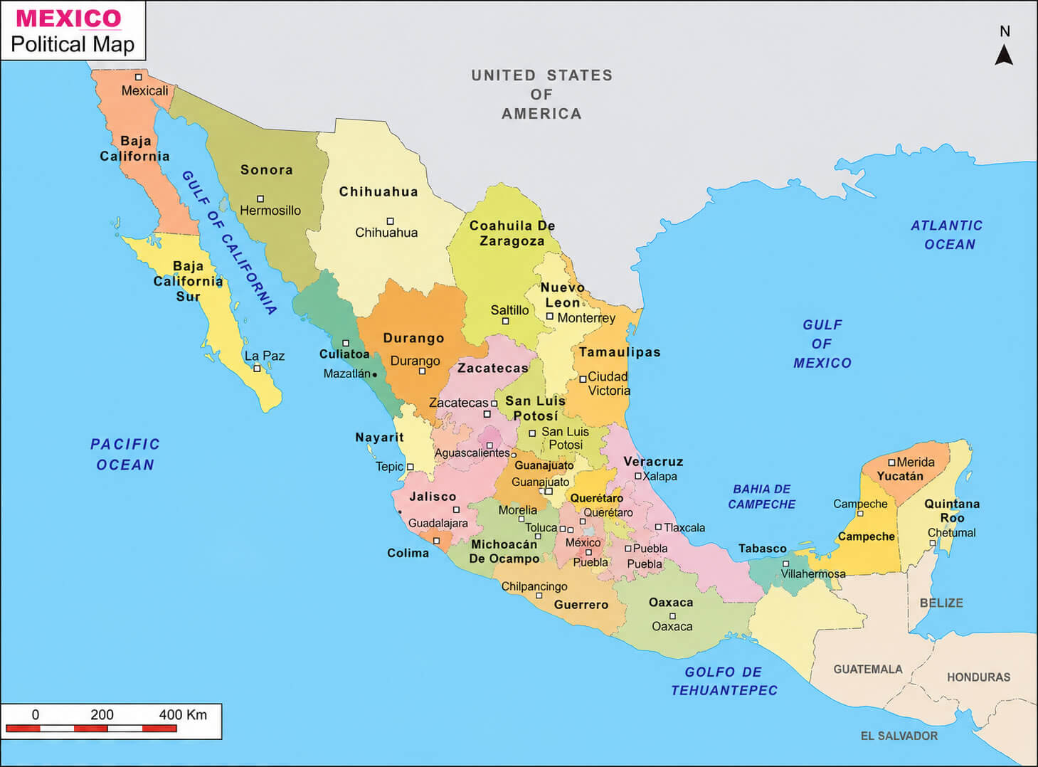 Mexico political map with provinces