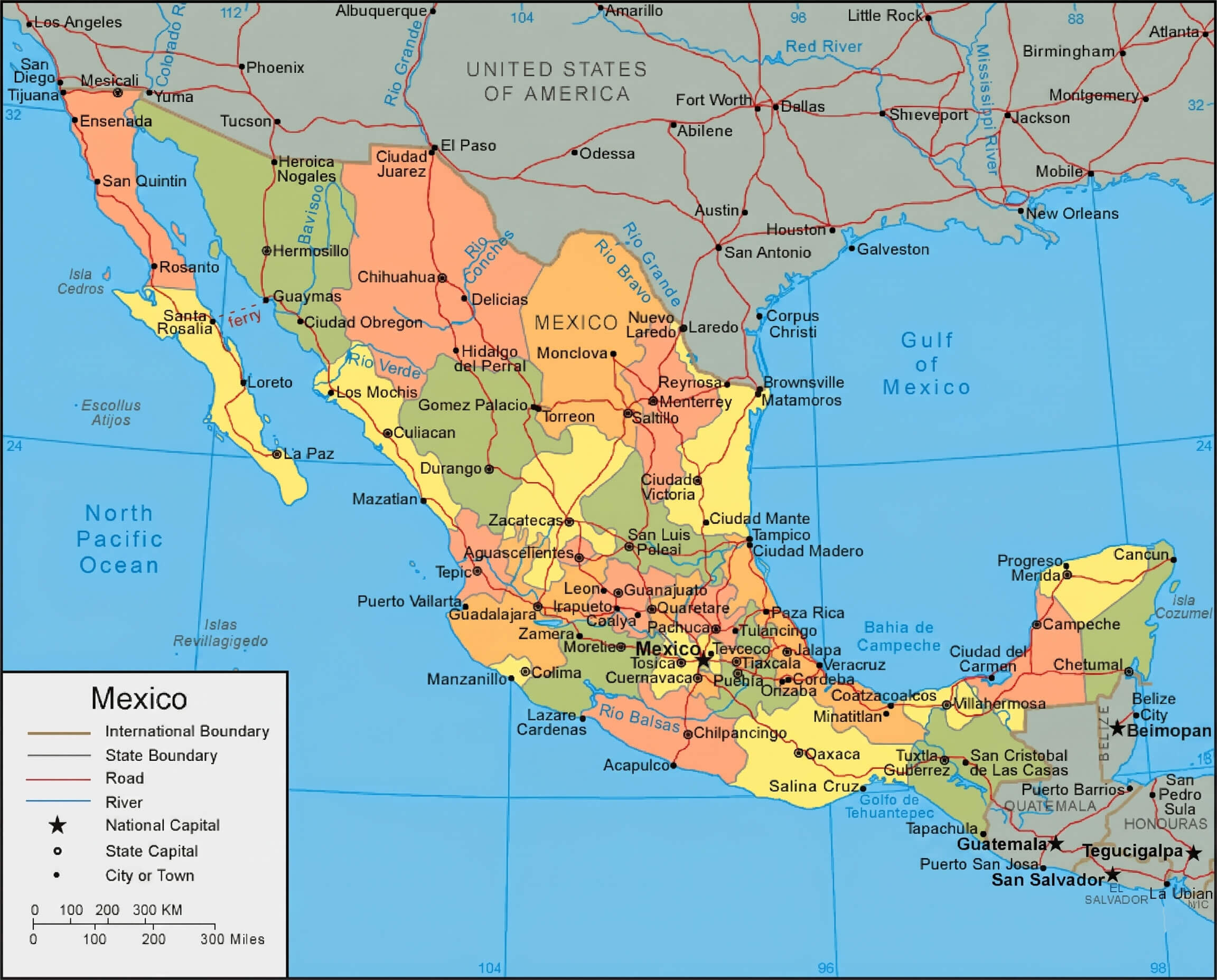 Mexico regions and state boundaries map
